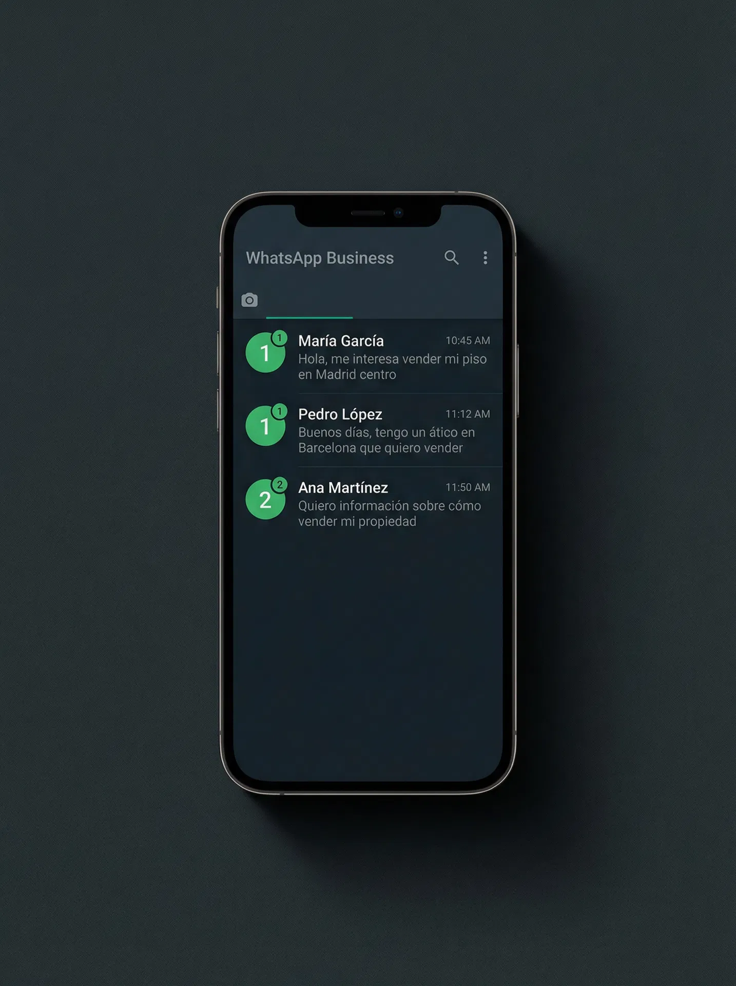 Mockup de WhatsApp Business con leads de propietarios