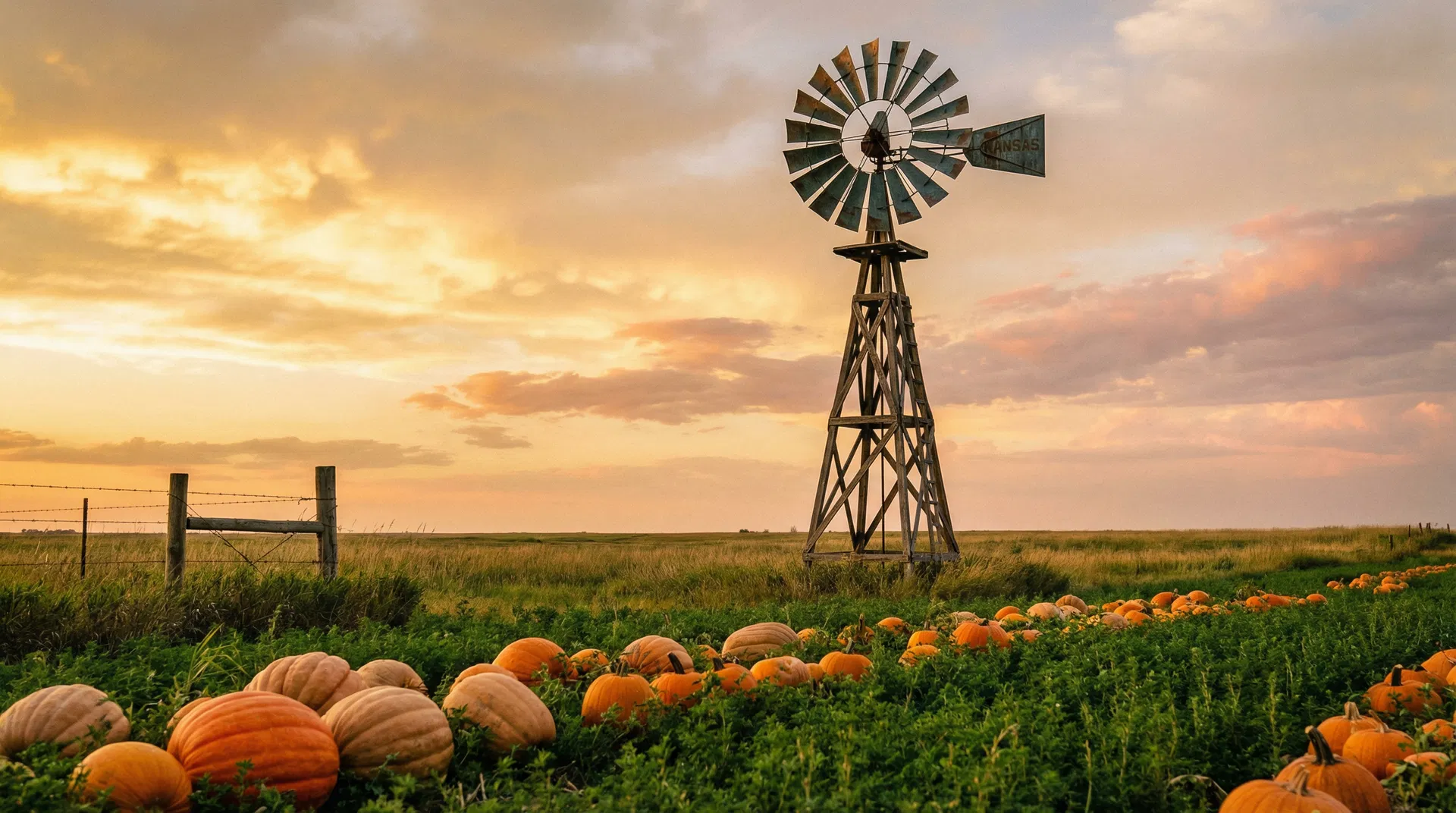 Kansas prairie at sunset with windmill and pumpkin field