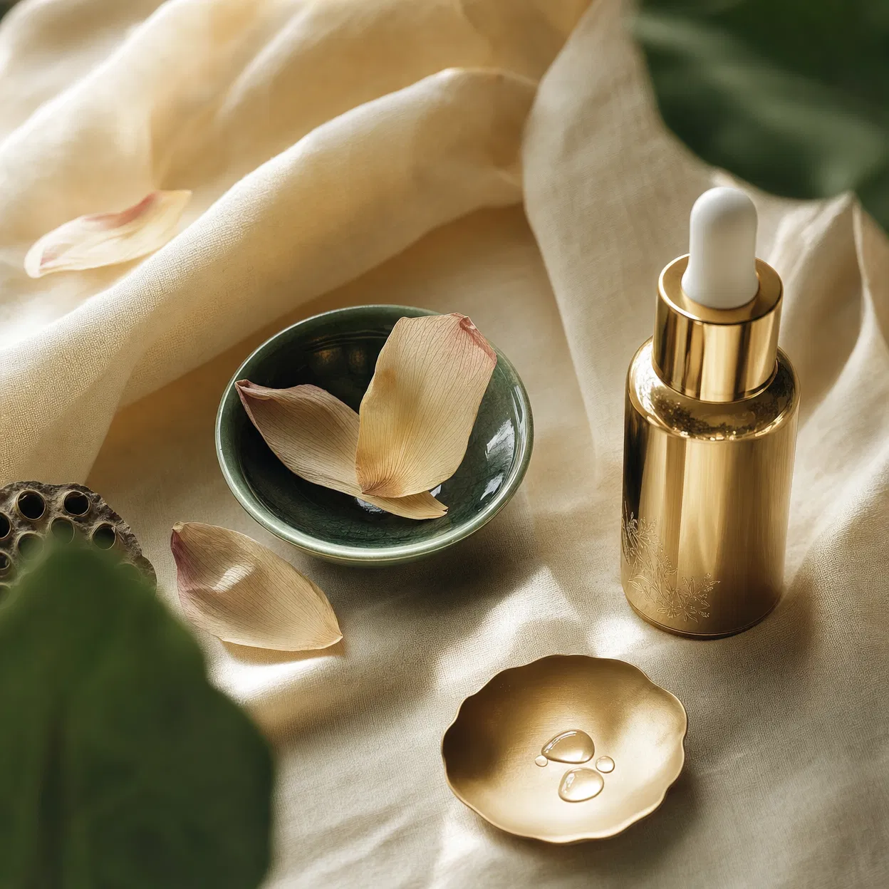 Skincare ritual flat-lay — jade bowl, lotus petals, gold serum