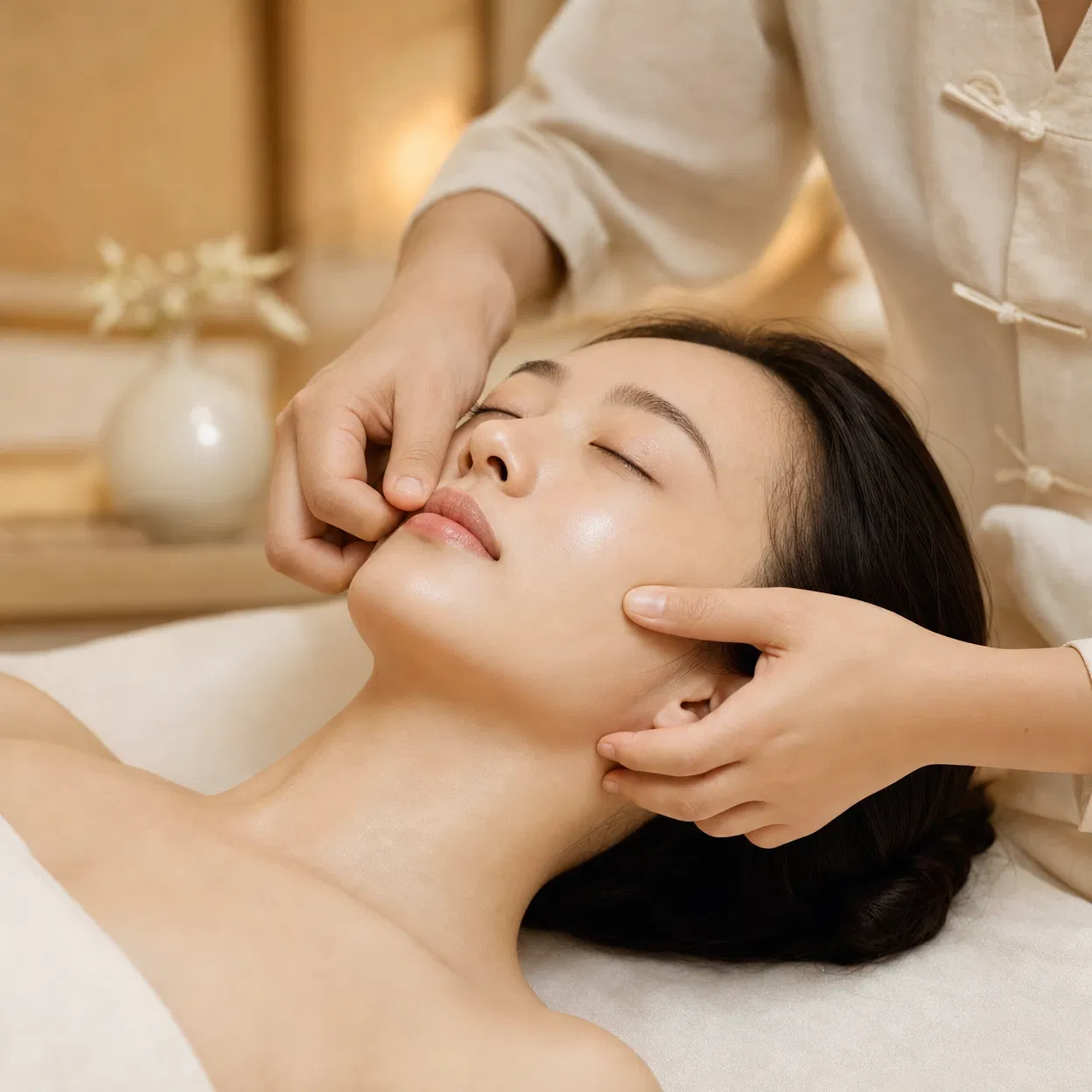 Facial acupressure massage treatment in progress