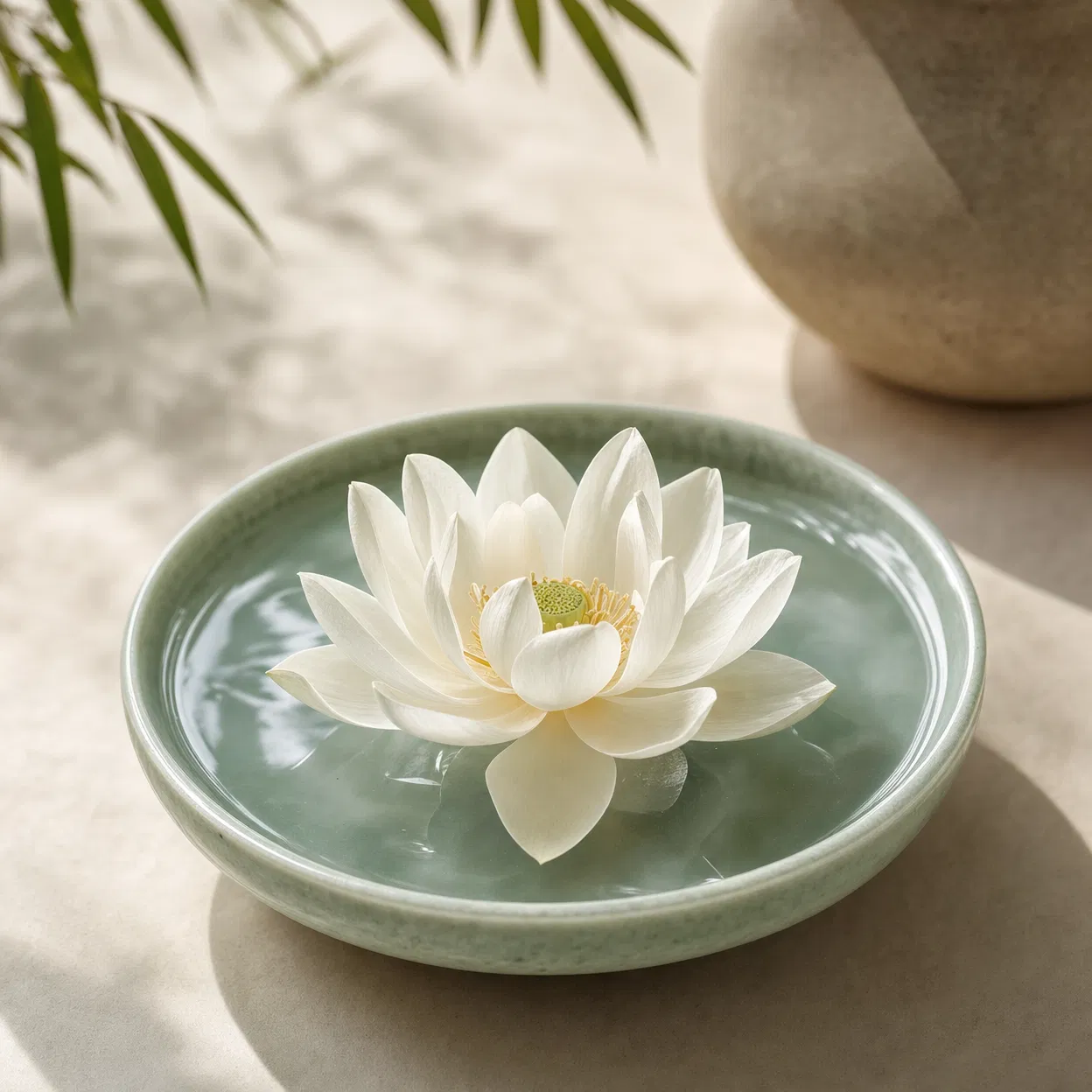 White lotus floating in jade-green ceramic bowl