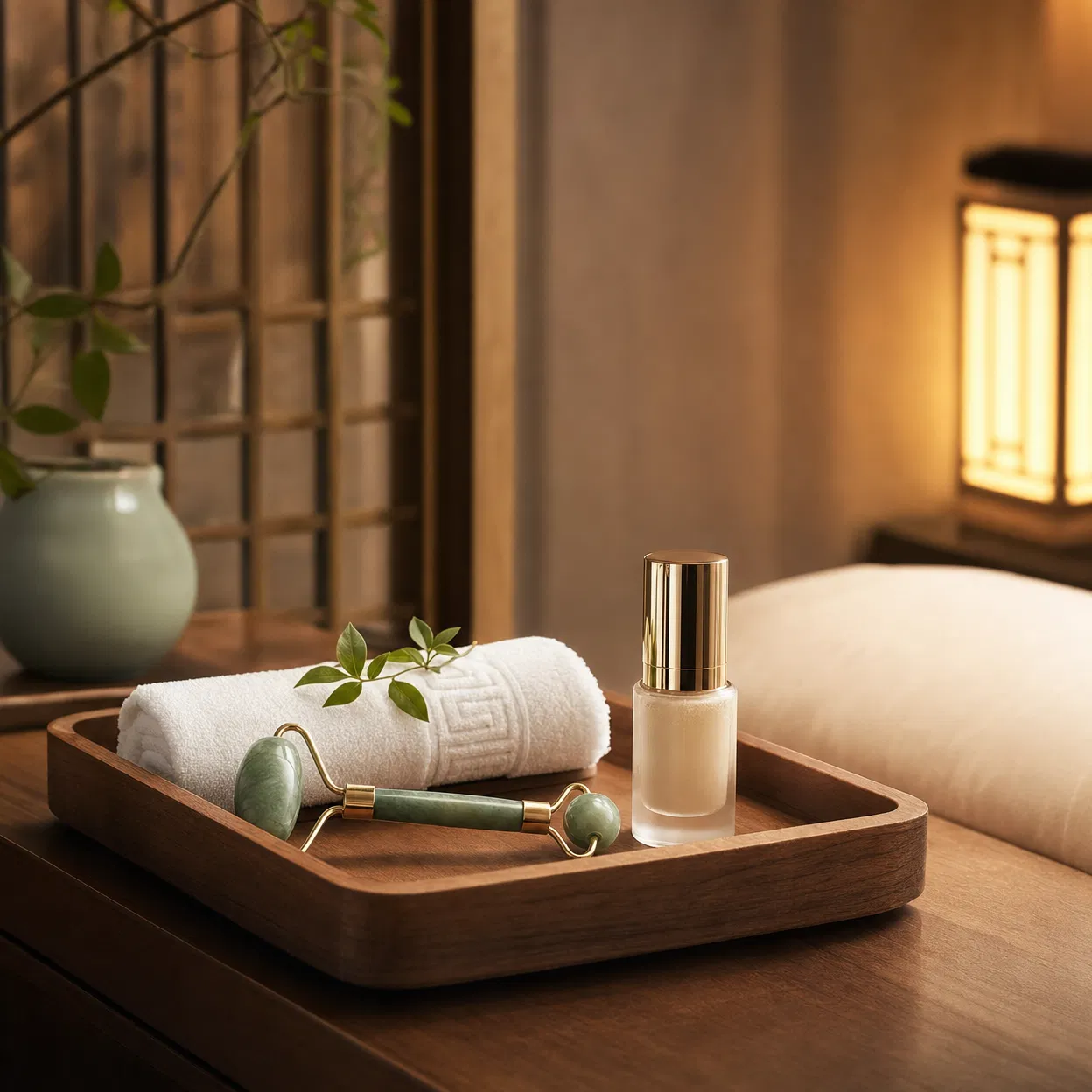 Jade roller, serum, and white towel on wooden tray