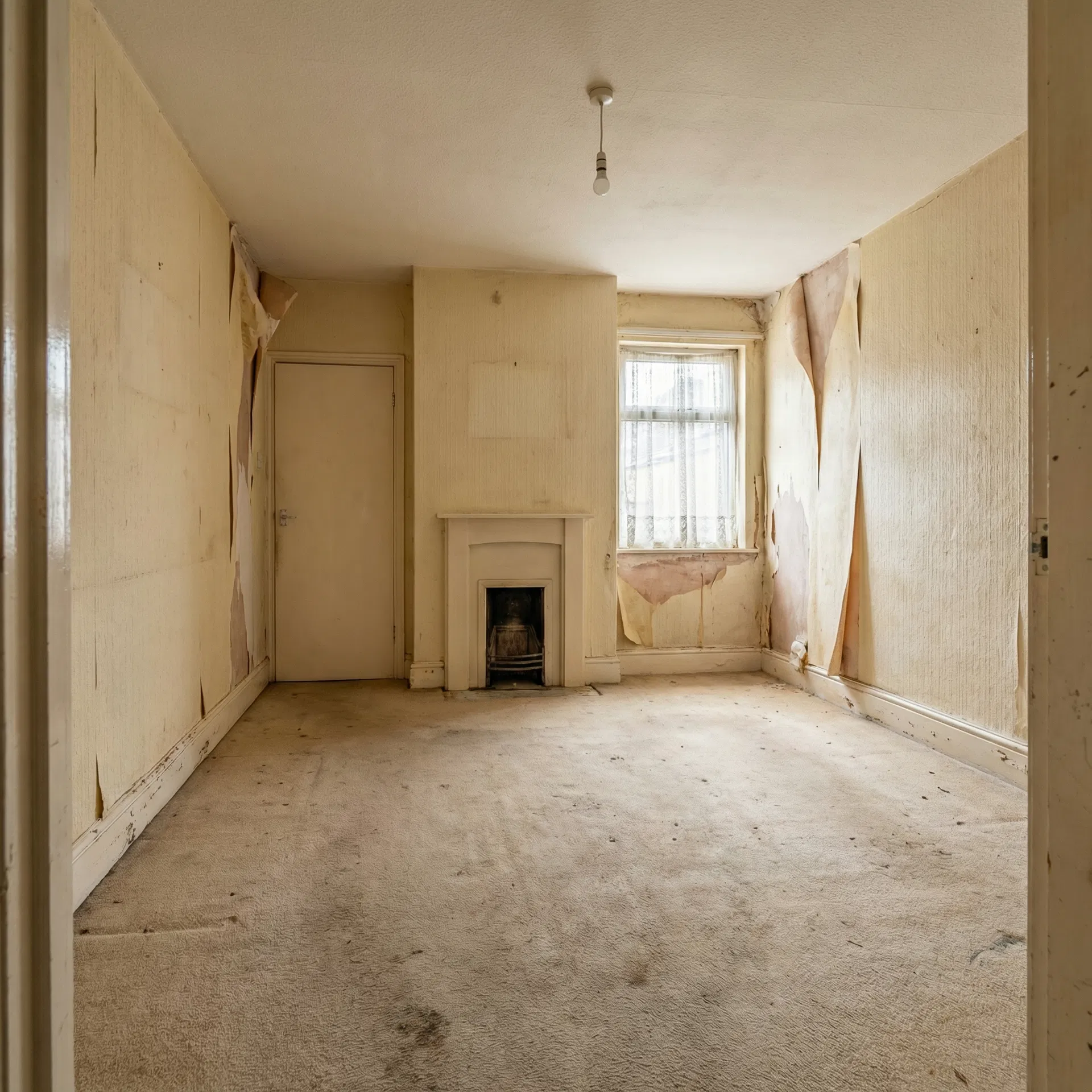 Living room with peeling wallpaper before