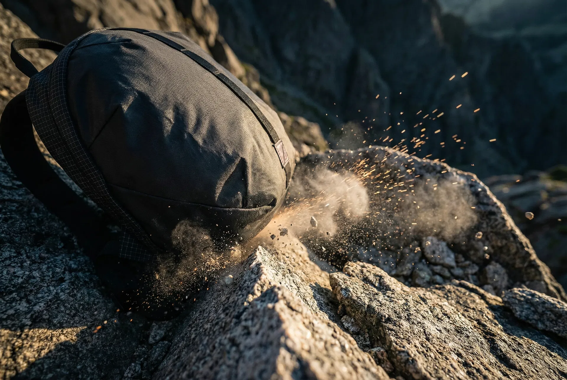 Backpack being dragged across rock