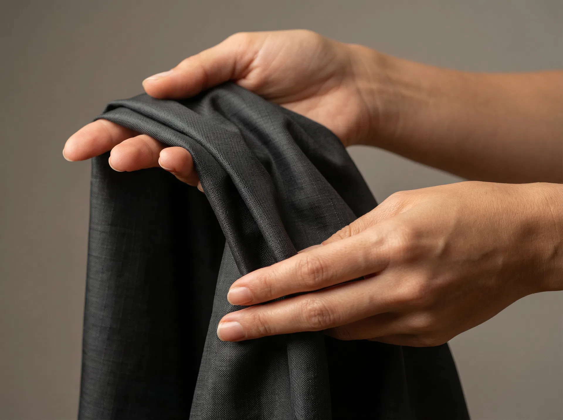 Hands gently holding the fabric showing cloth-like drape