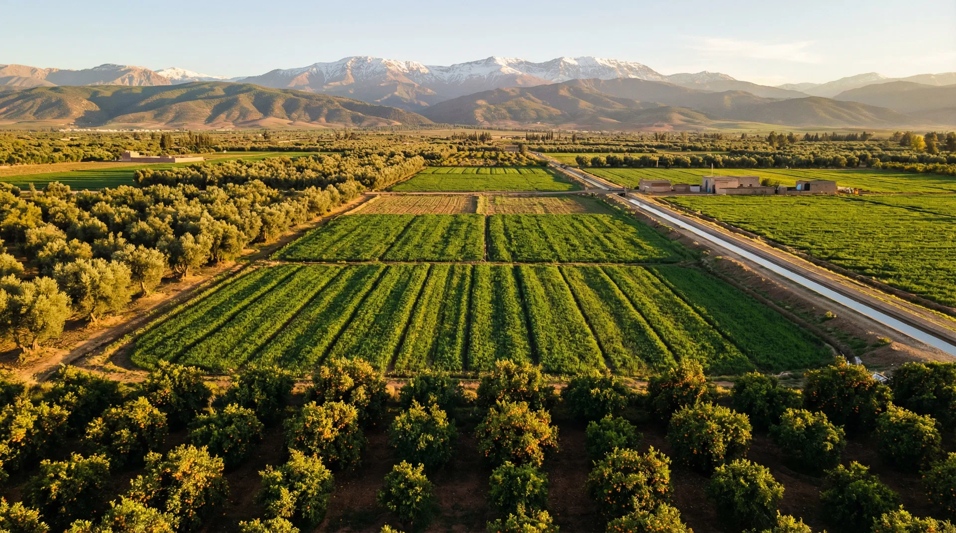 Paisaje agrícola de Marruecos con el Atlas al fondo