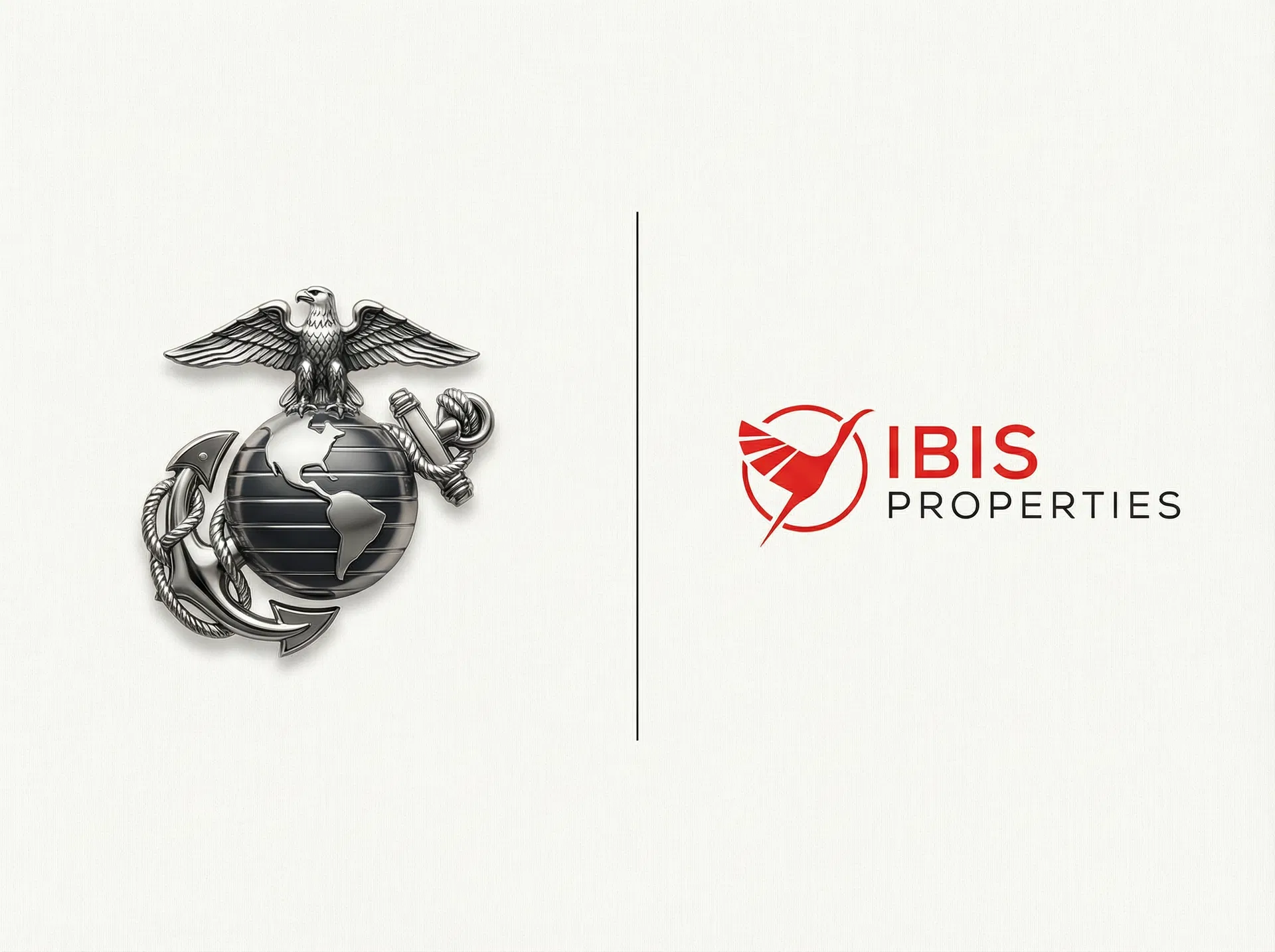 Eagle Globe and Anchor alongside the Ibis Properties Scarlet Ibis — Service. Discipline. Home.