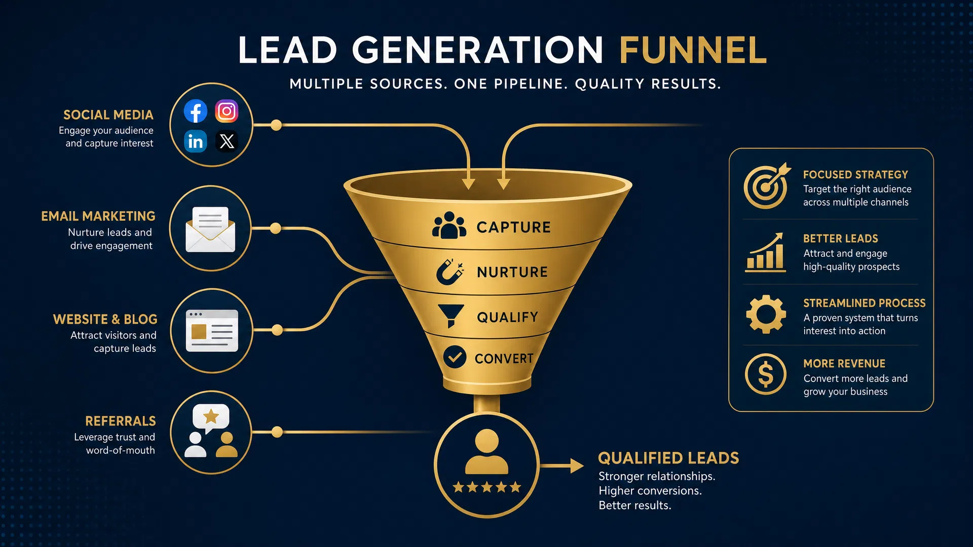 Lead generation funnel showing multiple sources flowing into a single pipeline