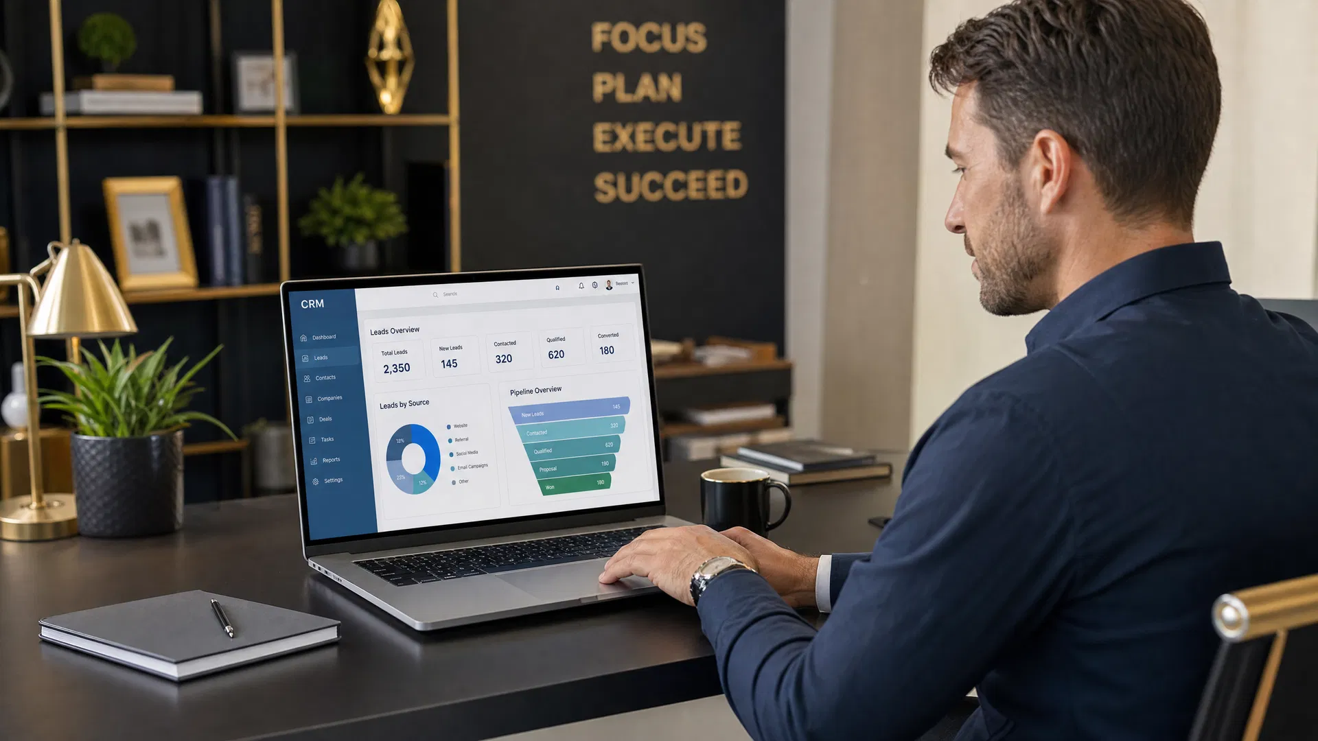 Business owner reviewing CRM dashboard with leads and pipeline data