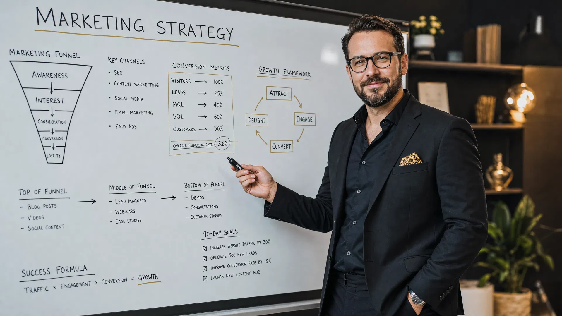 Steve Mills presenting a marketing strategy framework on a whiteboard