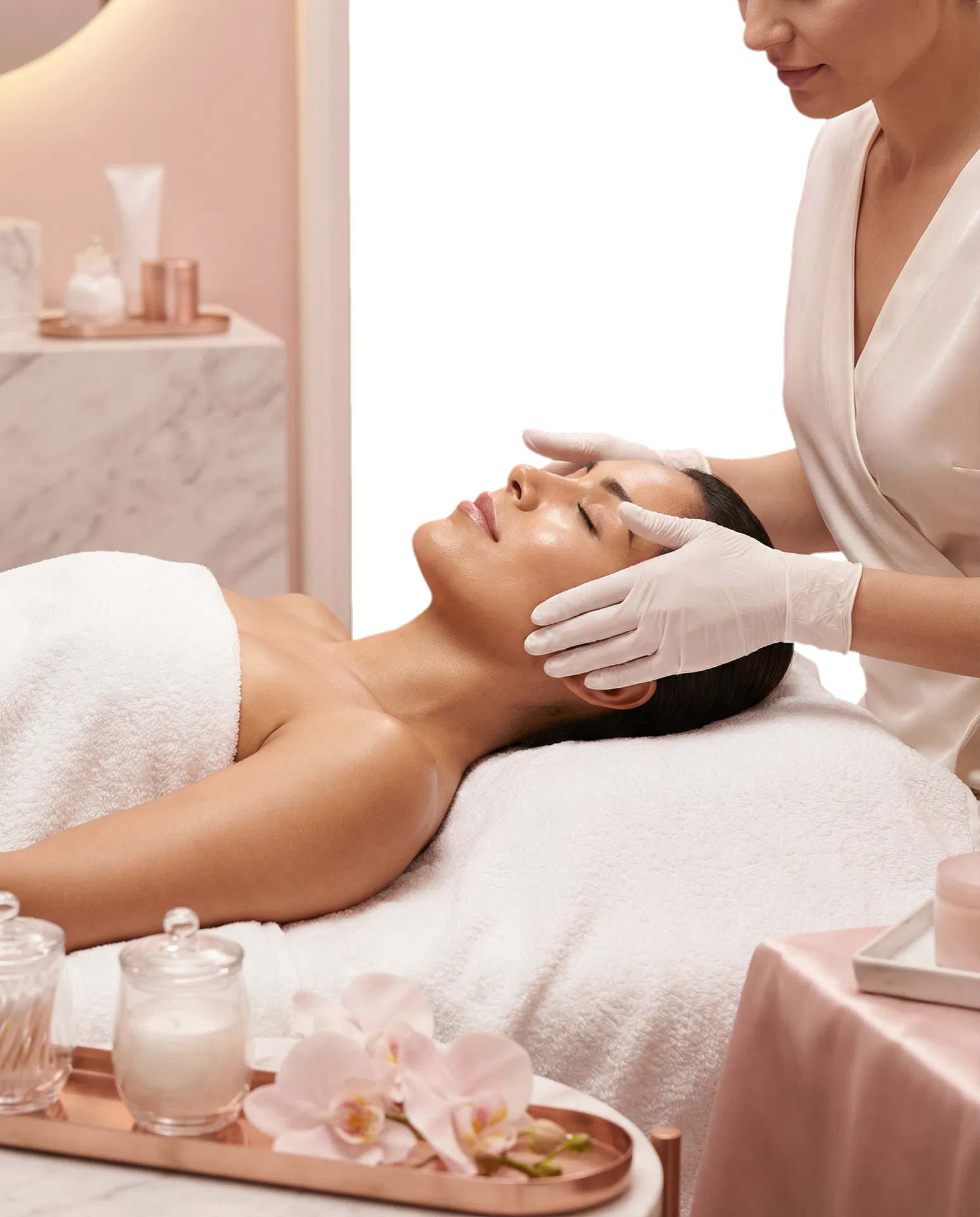 Mujer con piel radiante recibiendo un tratamiento facial