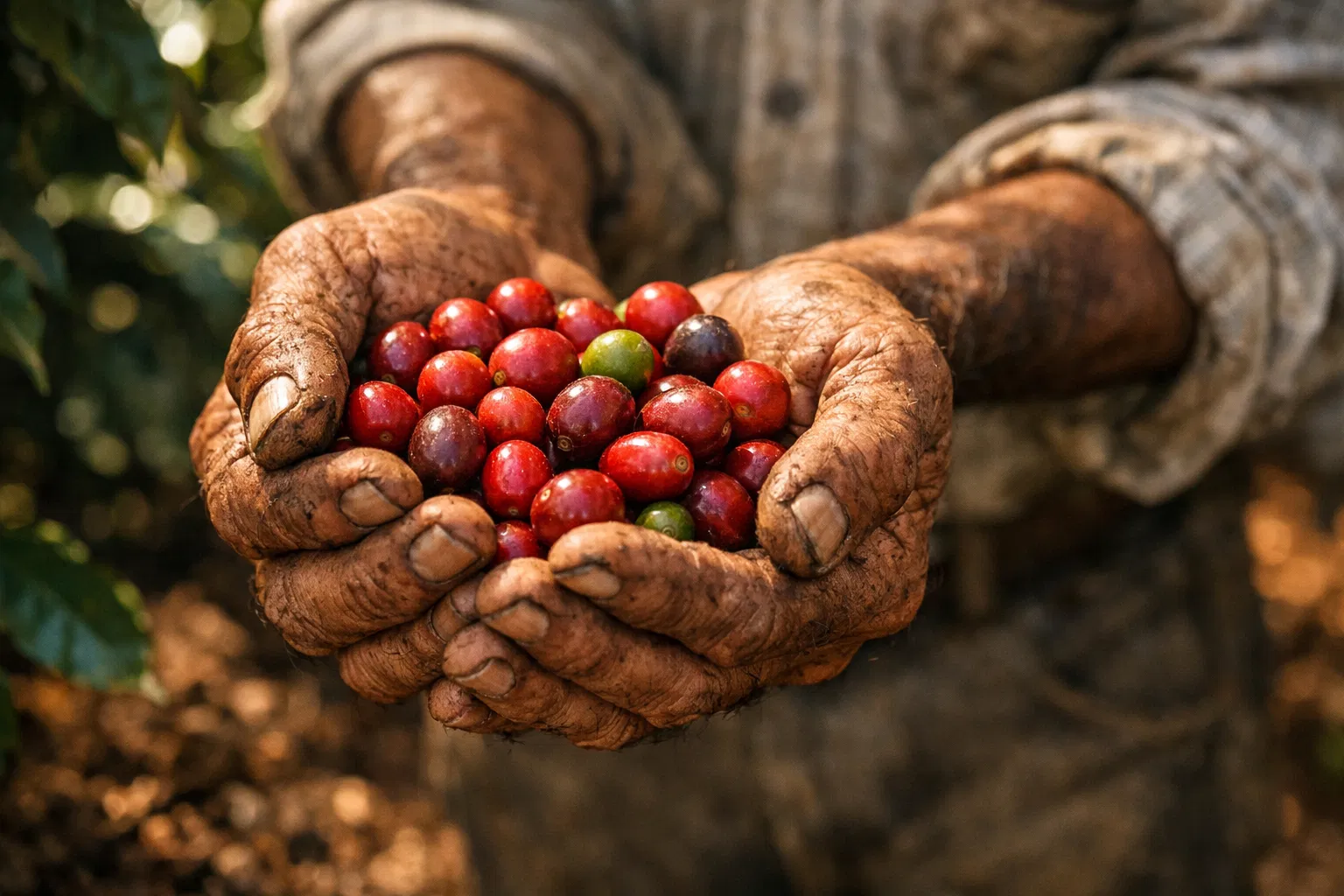 Manos de agricultor con cerezas de café