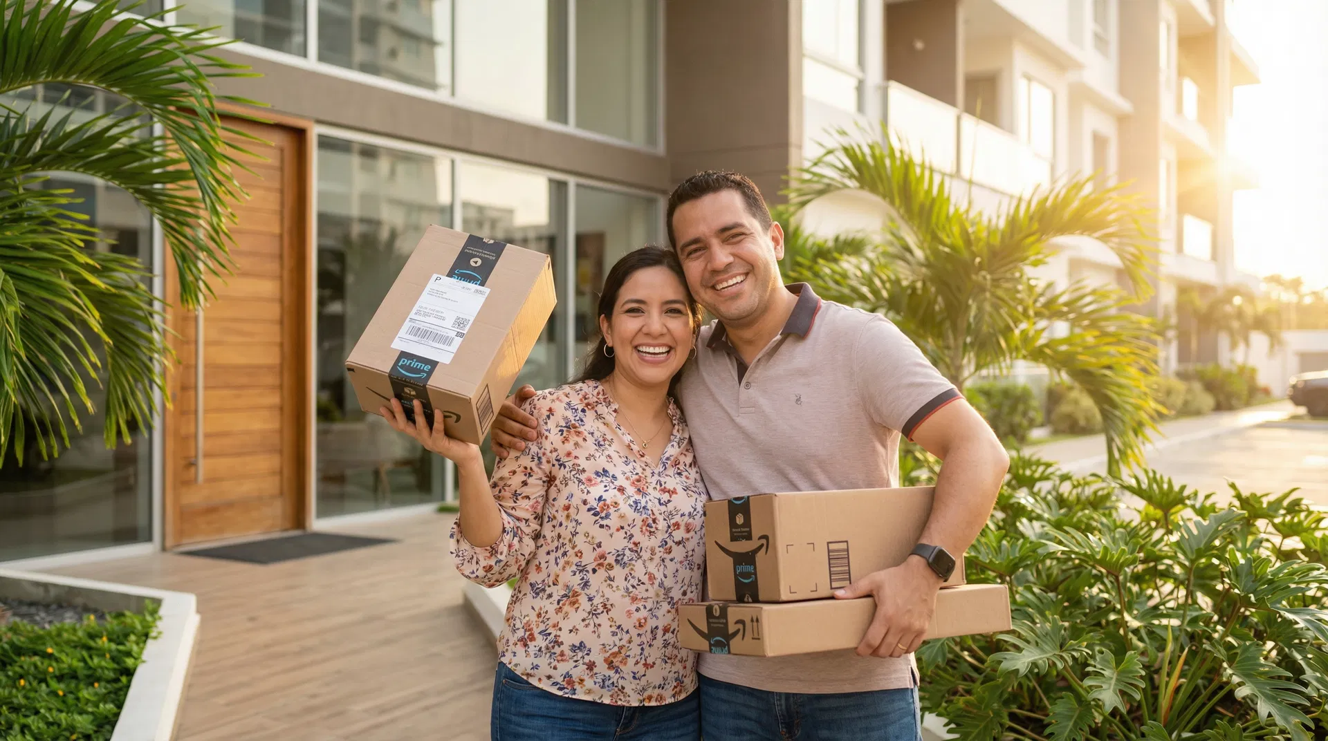 Pareja feliz recibiendo paquetes en Panamá