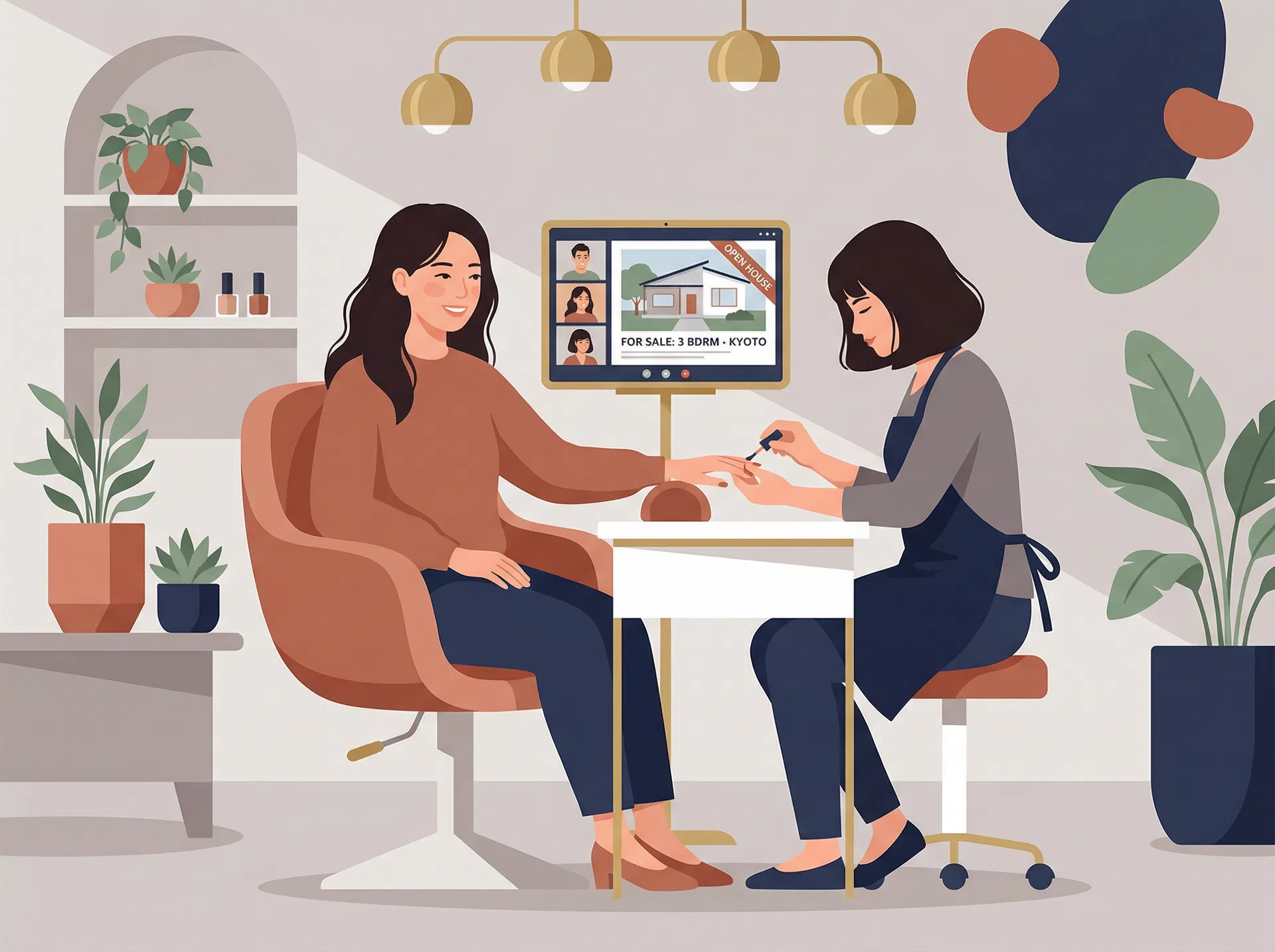 ネイルサロンでタブレットを使って物件を探している様子