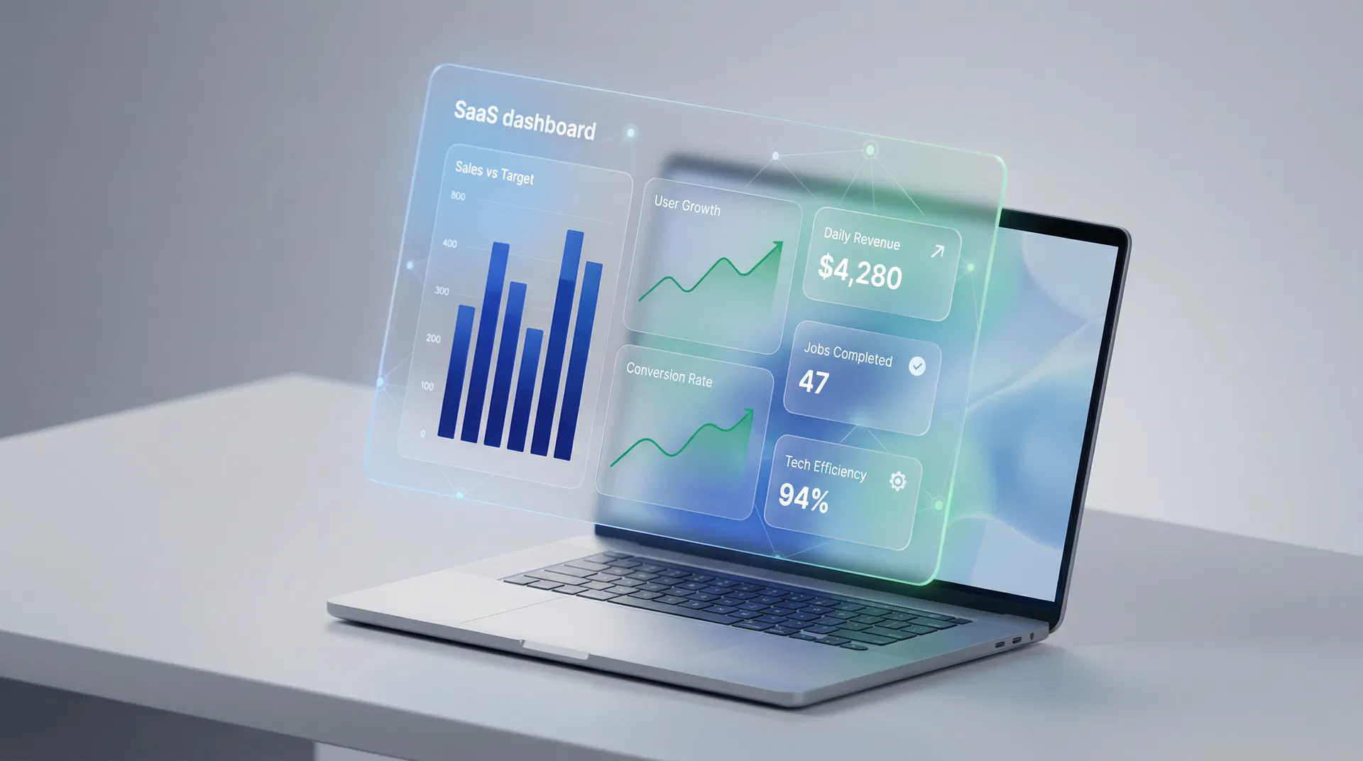 My Service Genius dashboard showing real-time KPIs including Daily Revenue, Jobs Completed, and Tech Efficiency