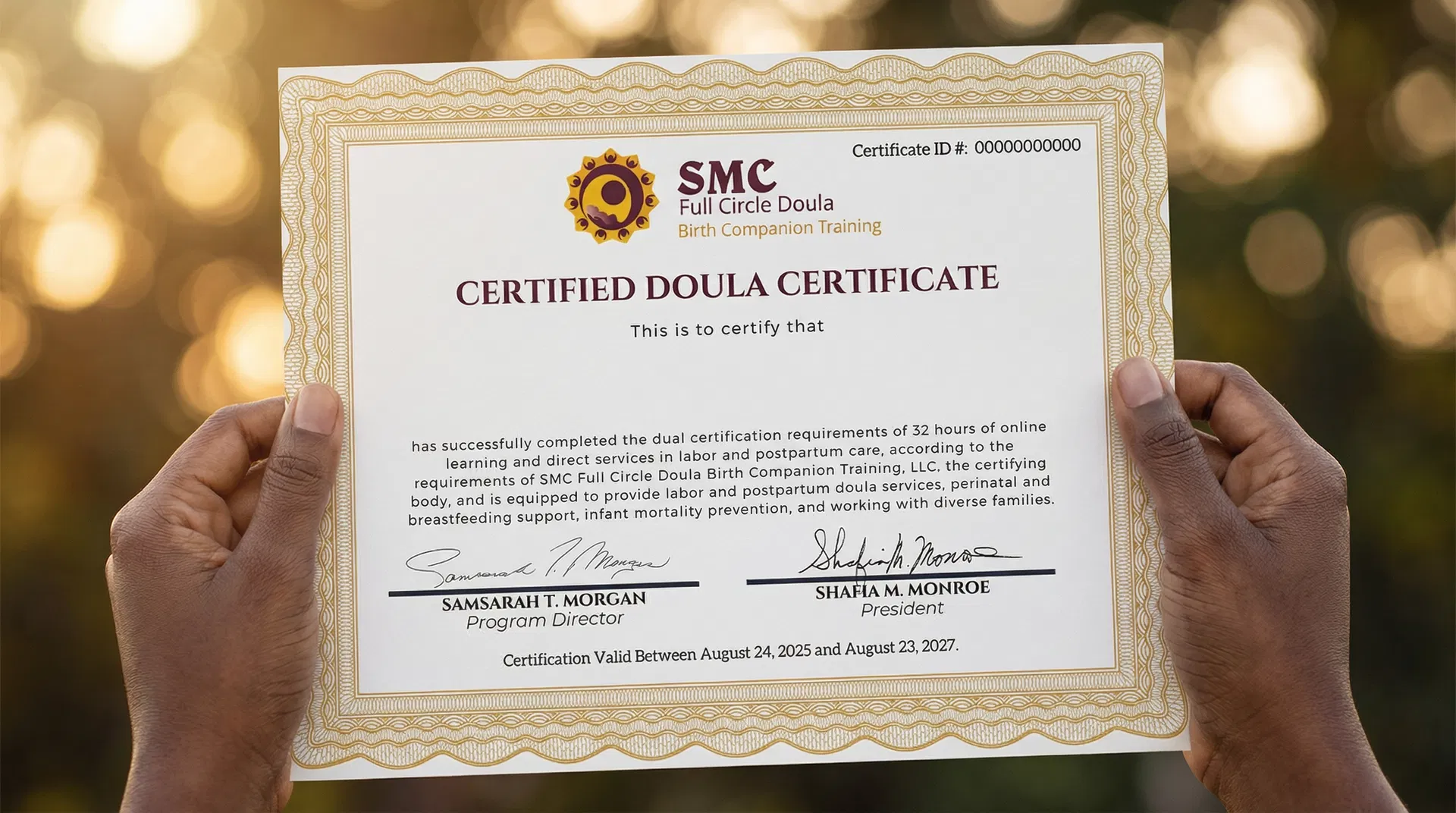 Hands holding an SMC Certified Doula Certificate