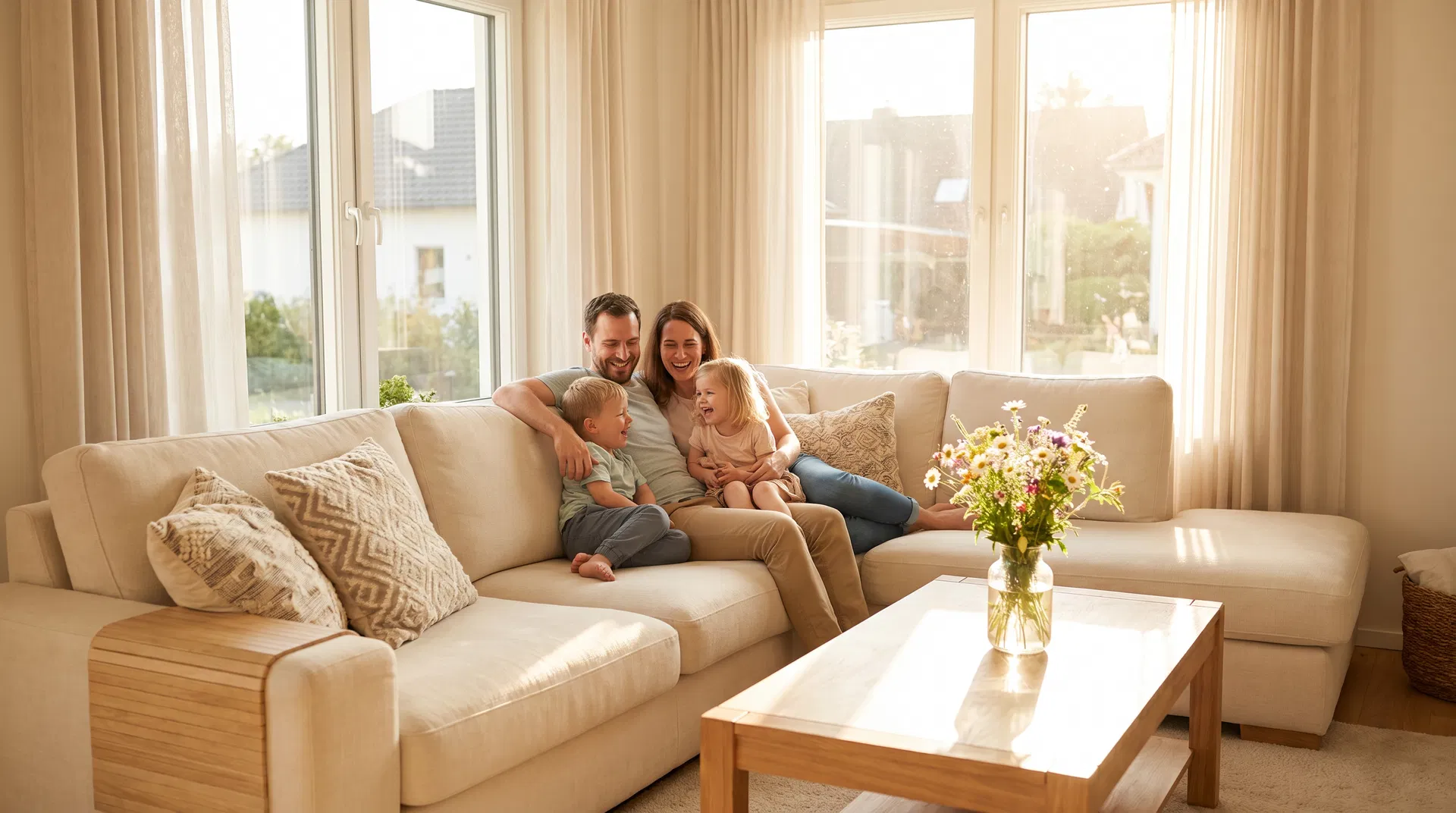 Happy family relaxing in their clean home