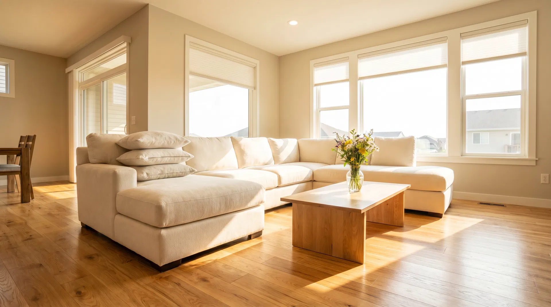 Spotless, sun-drenched living room