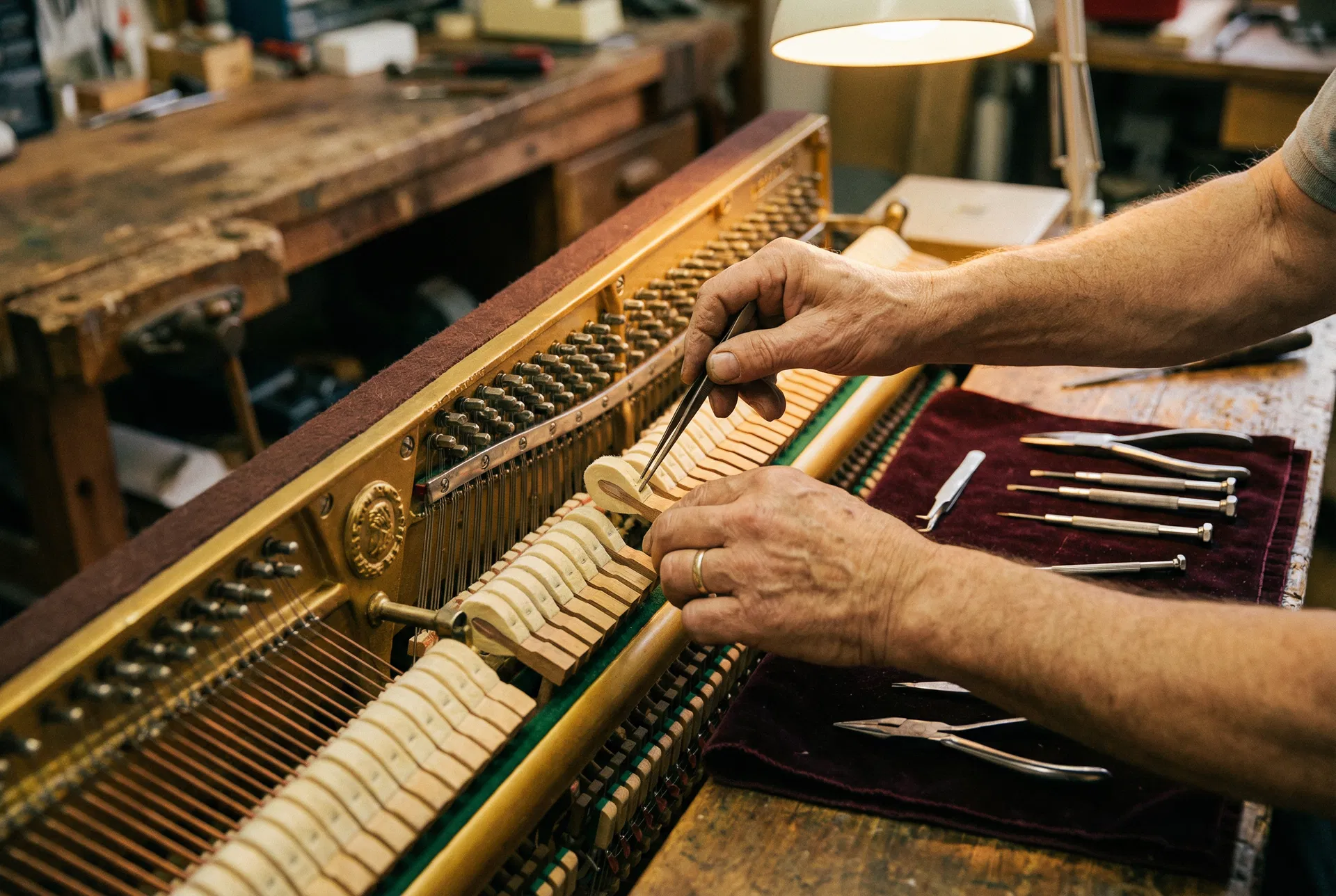 Piano technician performing precision installation