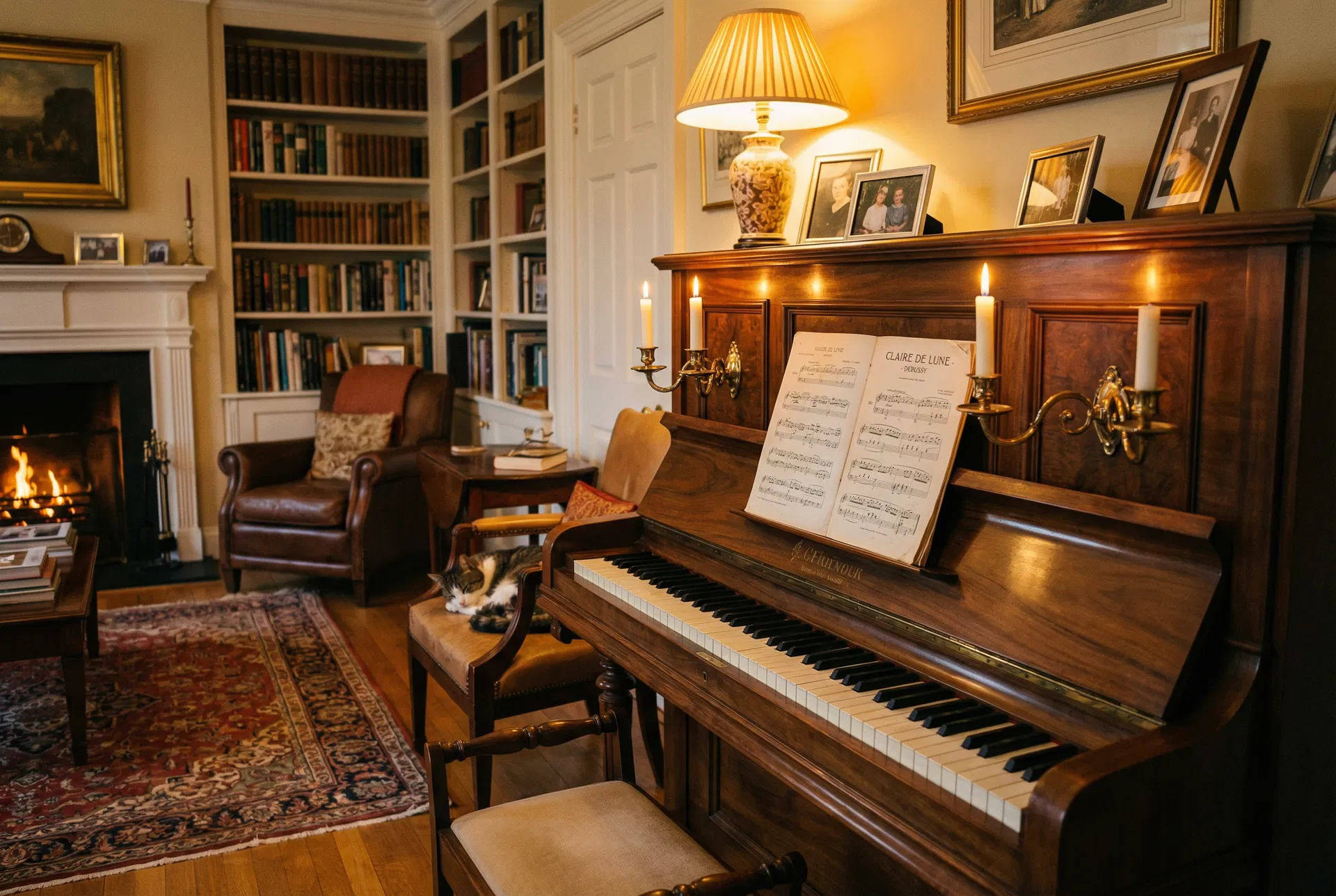 Beautifully restored upright piano in a warm home setting