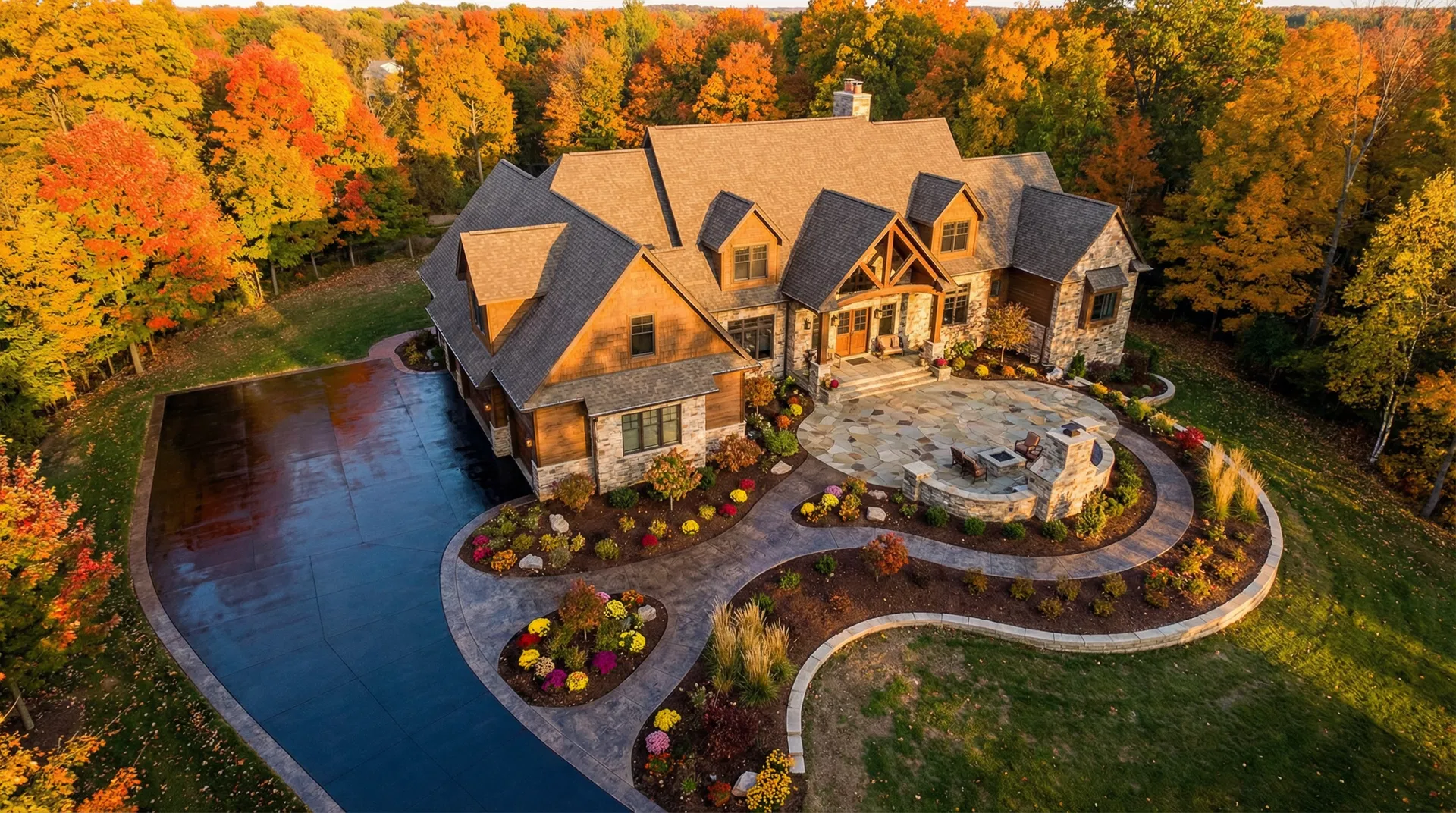 Aerial view of a beautiful residential property with concrete work
