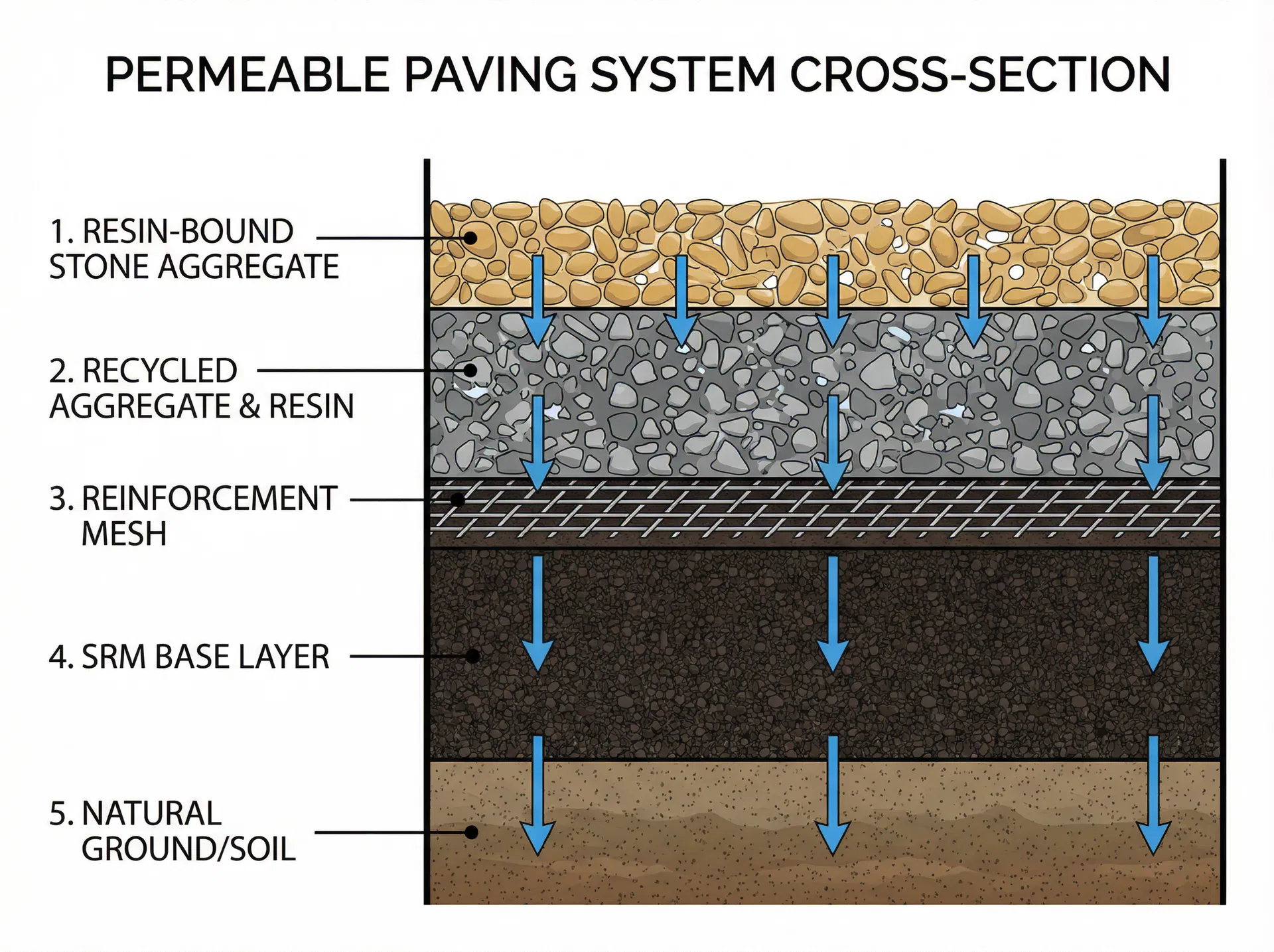 Cross-section diagram of VubaMac permeable paving system showing all layers