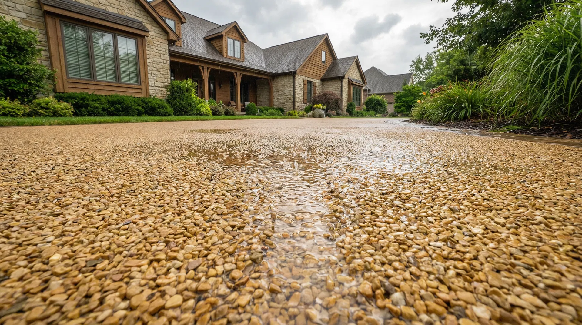 Permeable Vuba Stone driveway with water draining through the surface after rain