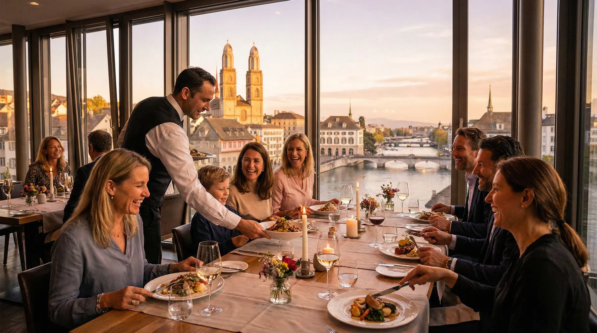 Gäste im Zürcher Restaurant mit Grossmünster-Blick