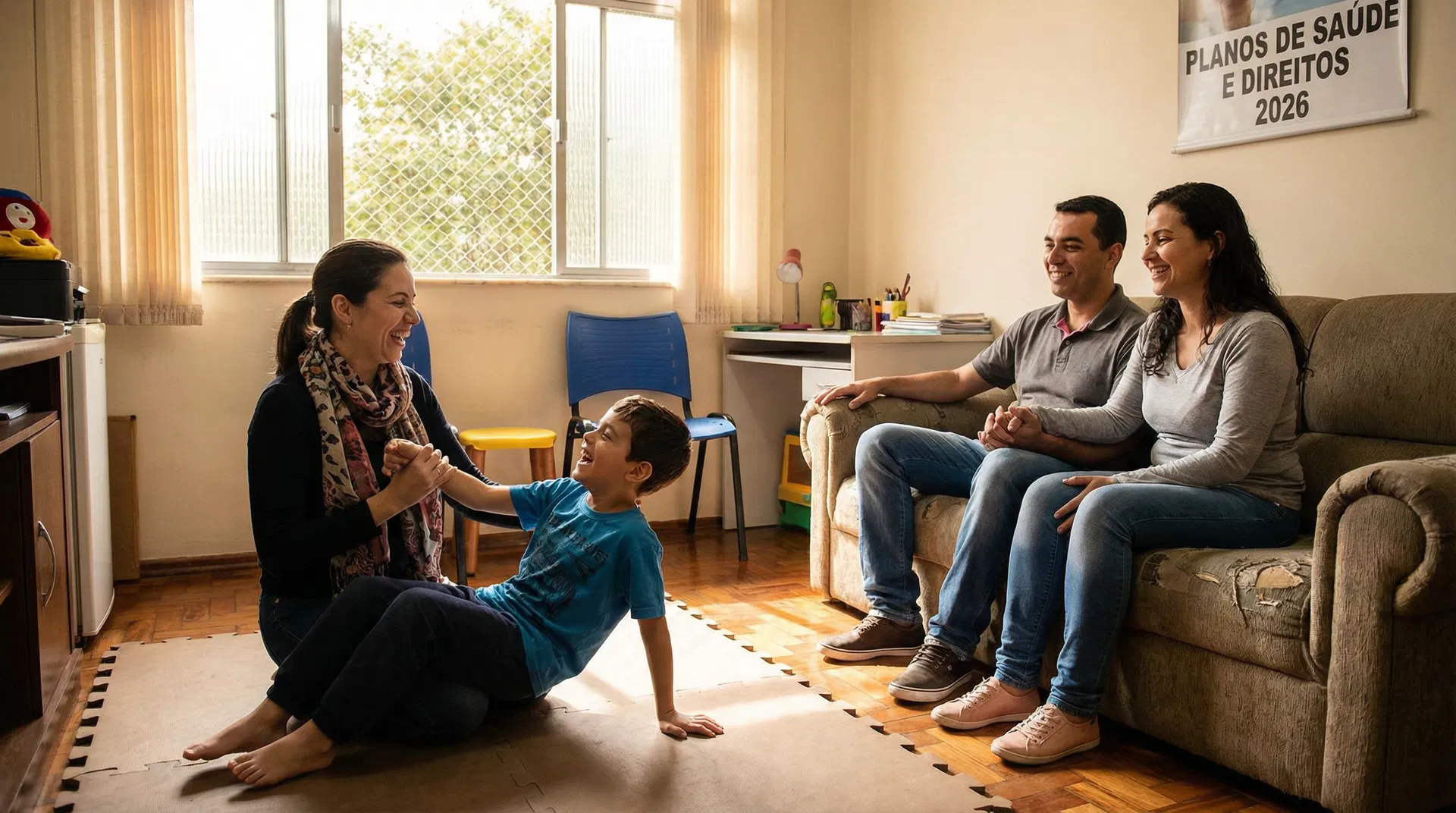 Família brasileira em sessão de terapia multidisciplinar coberta pelo plano de saúde
