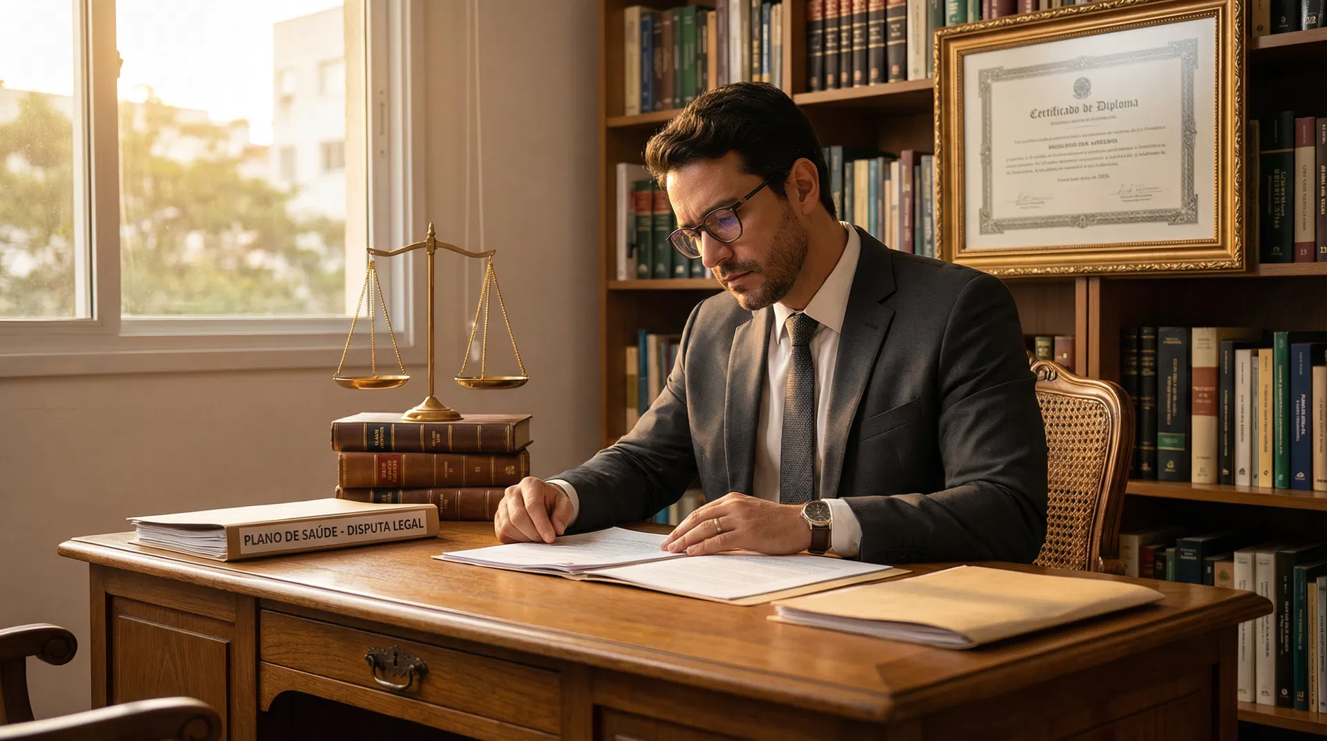 Advogado especialista em direito da saúde analisando processo de negativa indevida de plano