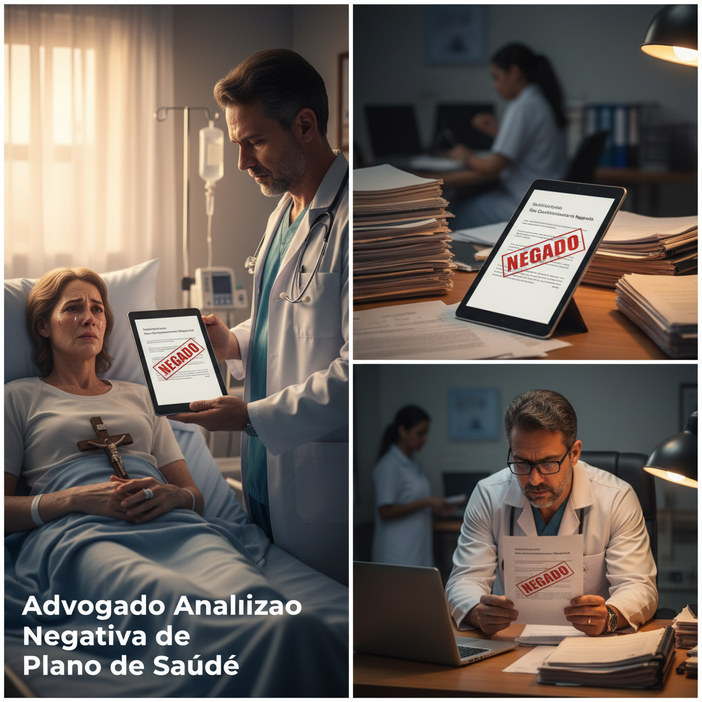 Advogado analisando negativa de plano de saúde com documentos em sua mesa