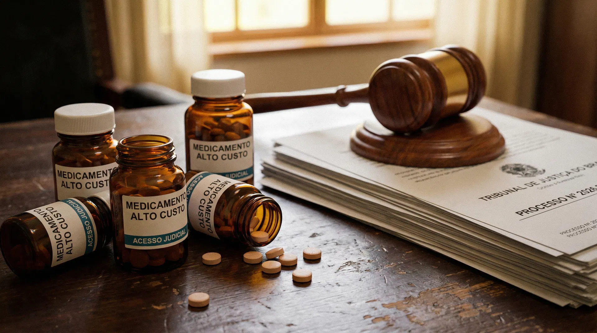 Medicamentos de alto custo sobre mesa com martelo de juiz e documentos do Tribunal de Justiça