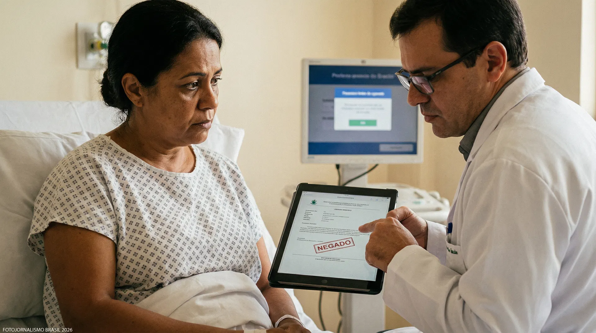 Paciente brasileira em leito hospitalar recebendo documento de negativa de plano de saúde de médico