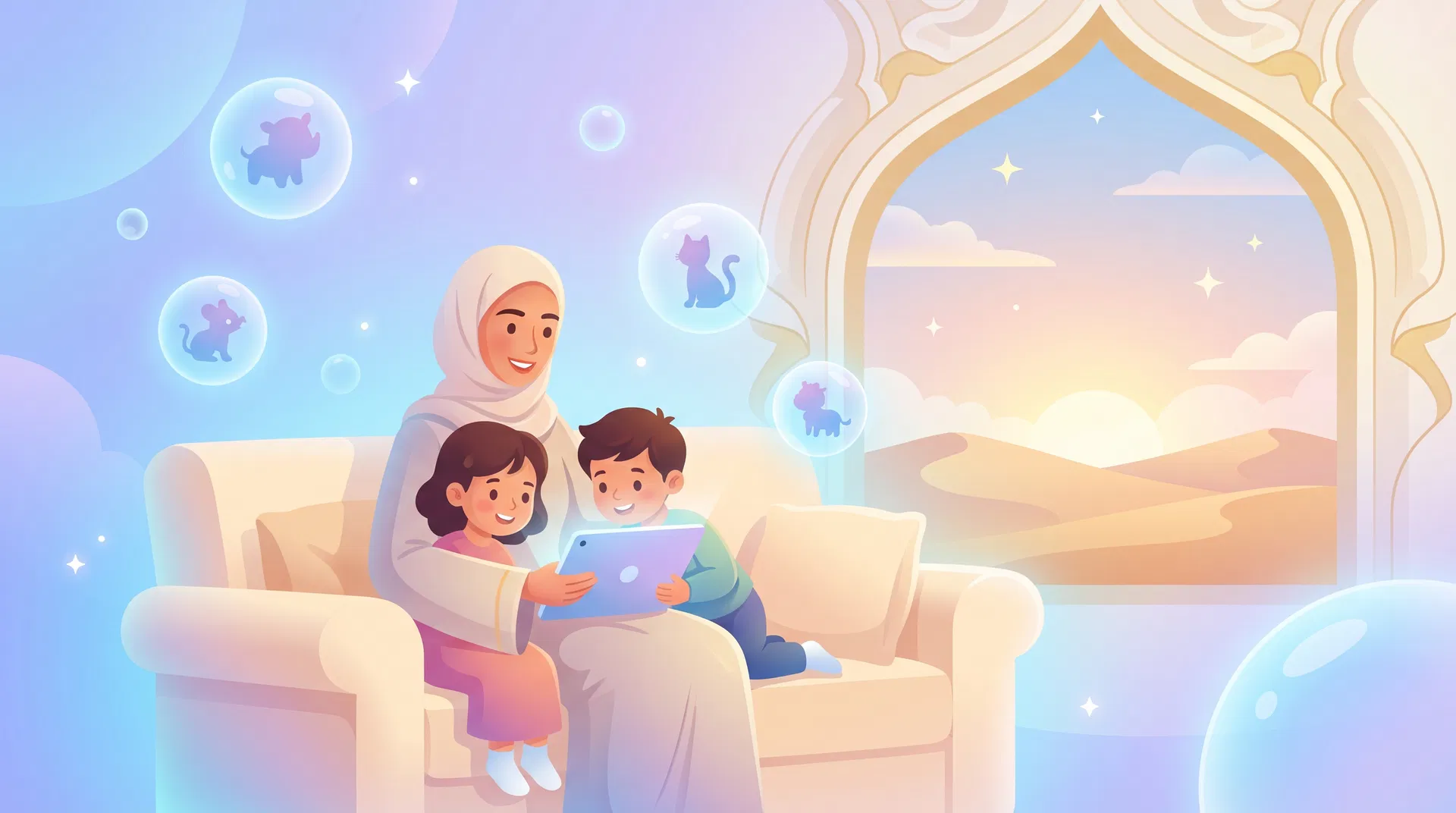 أم سعودية مع أطفالها يشاهدون محتوى آمن