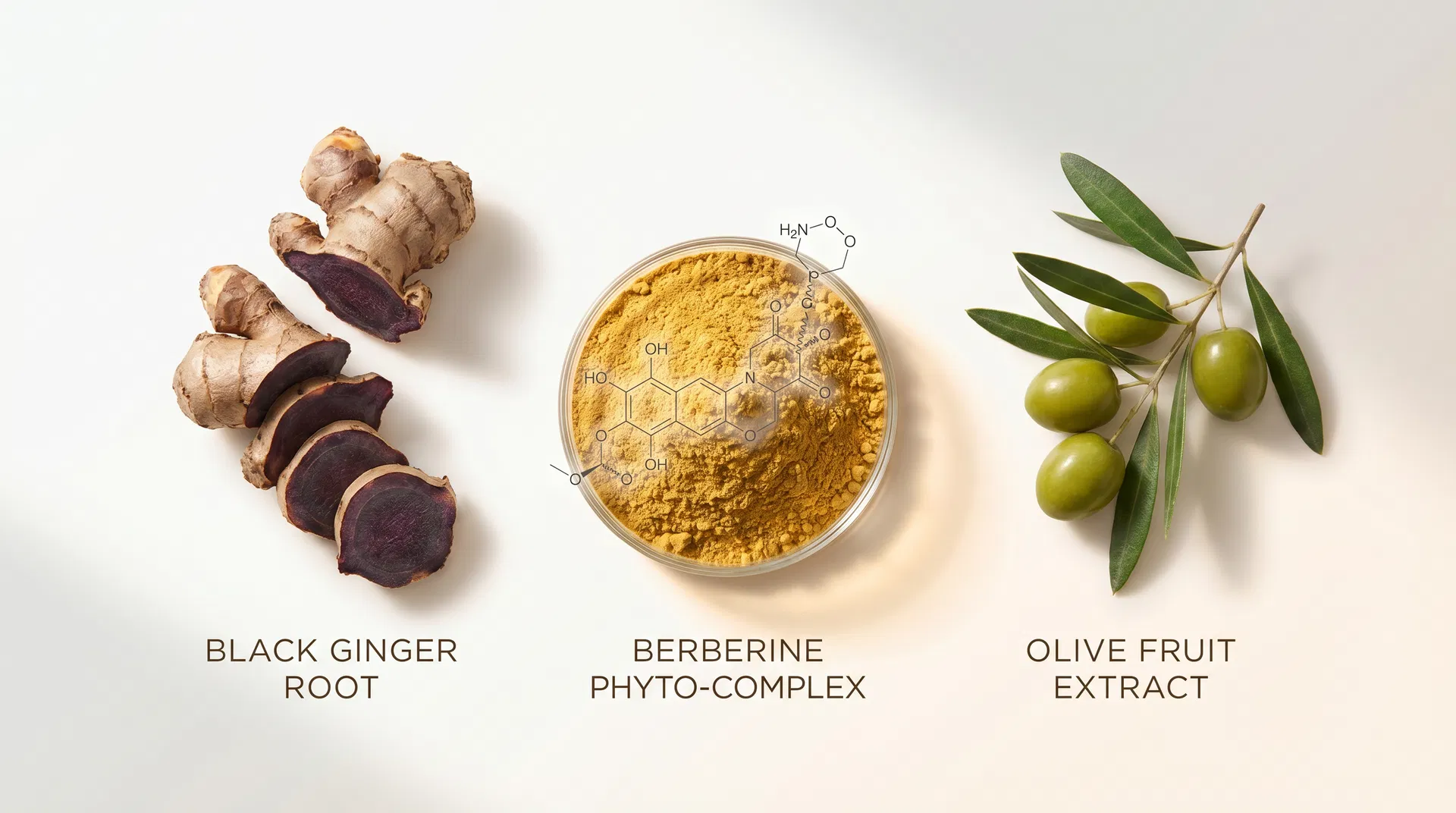 SLIM 10X Berberine three key ingredients - Berberine Phyto-Complex 500mg, Black Ginger Root Extract 50mg, and Olive Fruit Extract 50mg