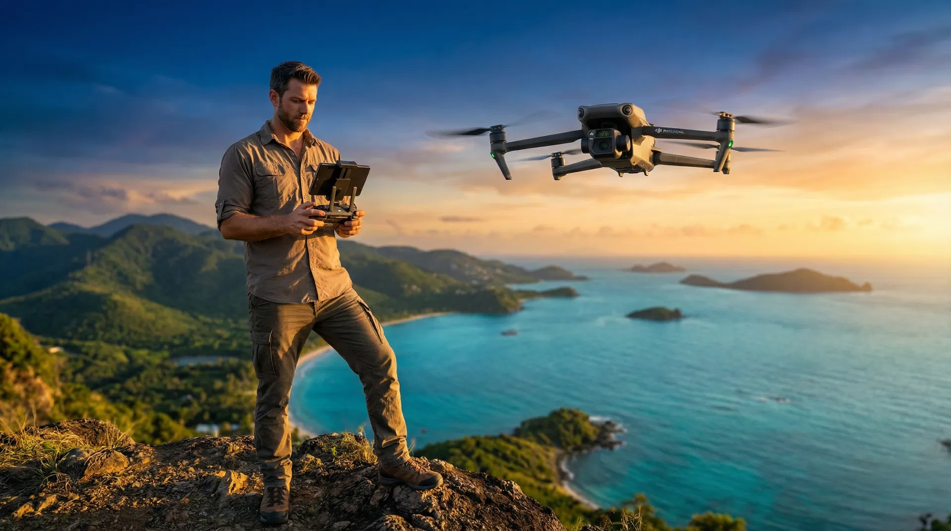 Drone pilot overlooking Jamaica coastline
