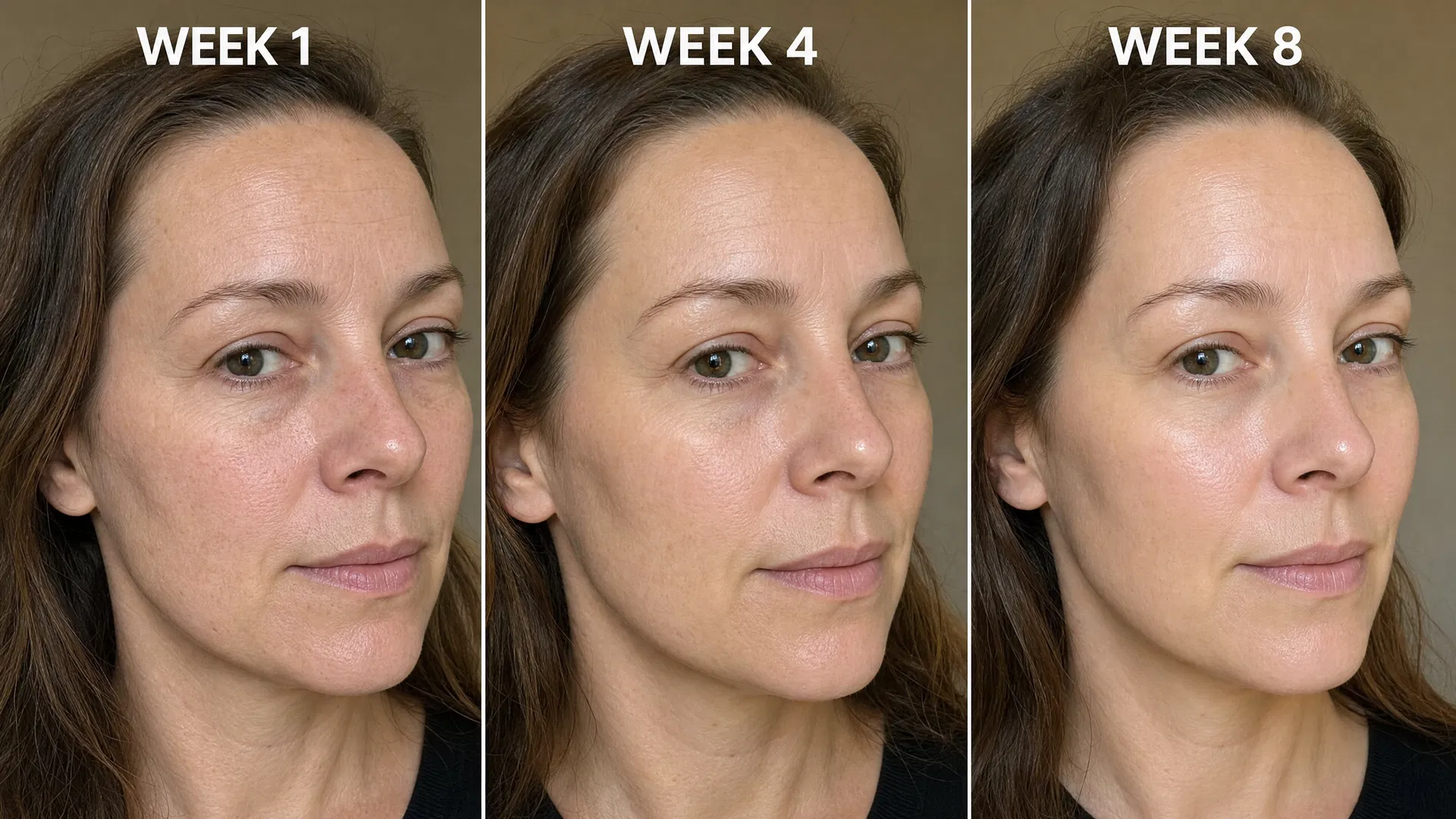 Skin transformation timeline: Week 1, Week 4, Week 8 with Tallow & Honey Balm