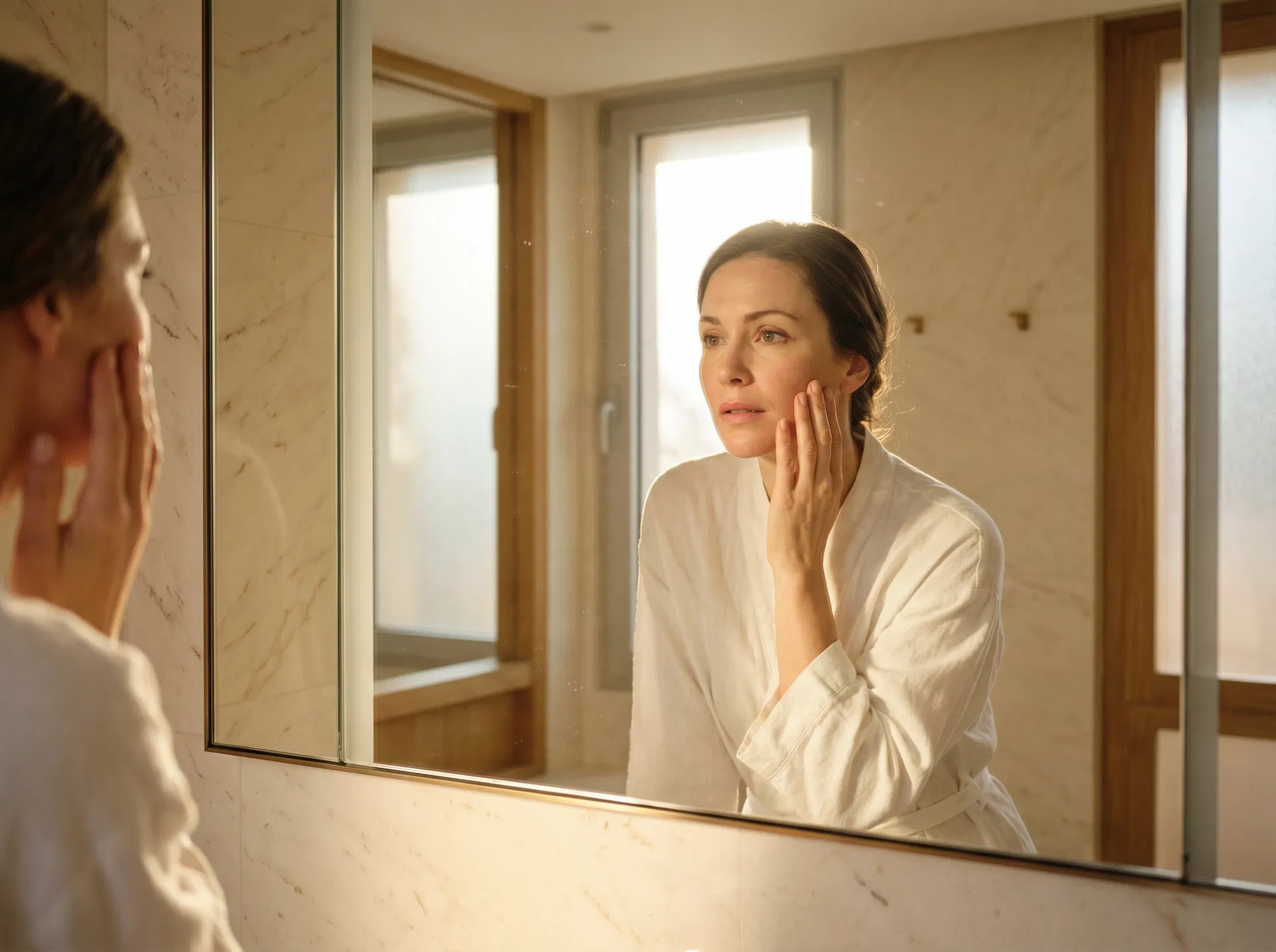 Woman examining her skin