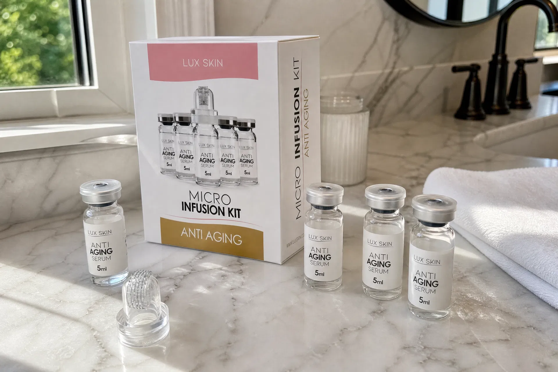 LUX SKIN Anti Aging Micro Infusion Kit on bathroom counter