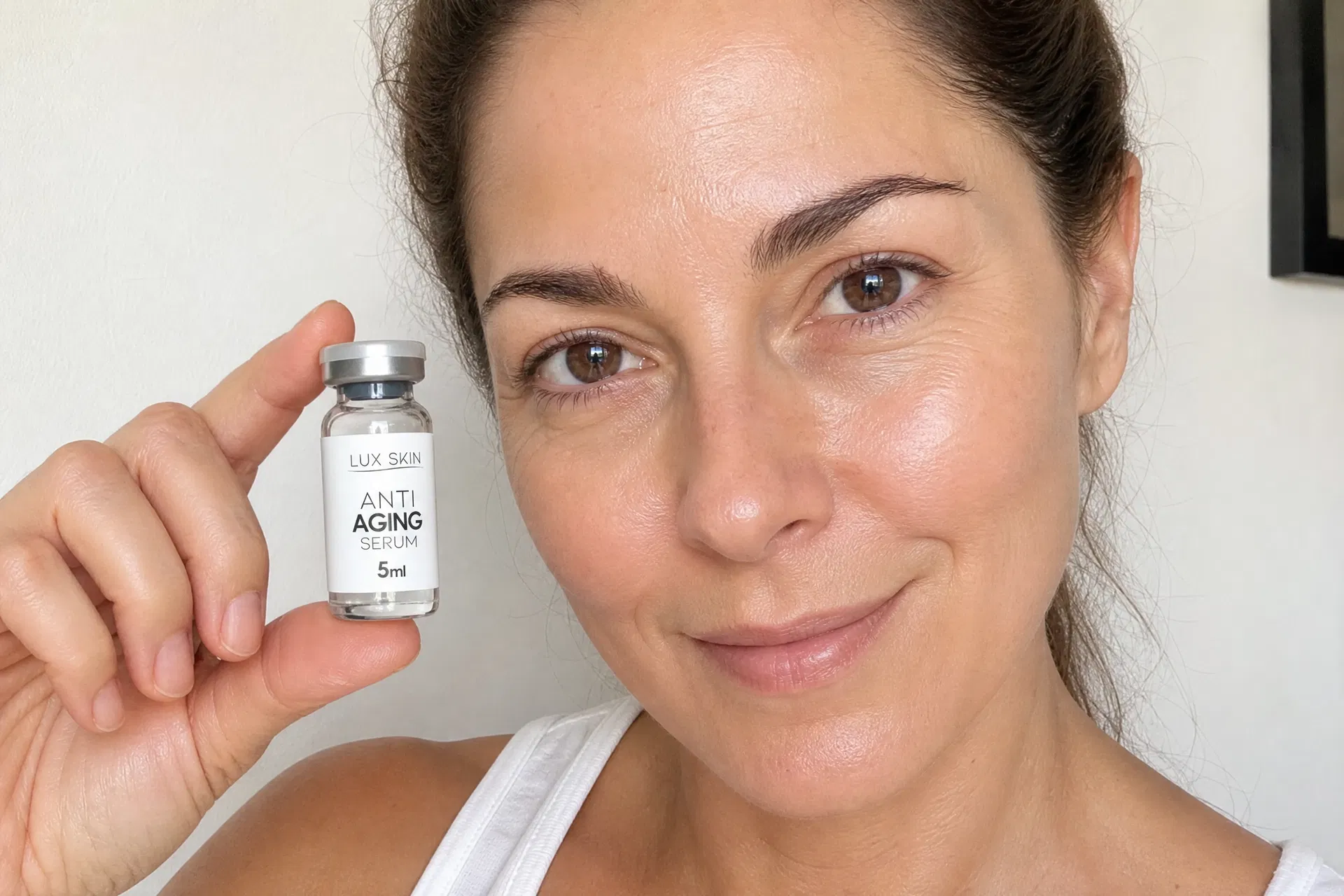 Woman with glowing skin holding LUX SKIN serum