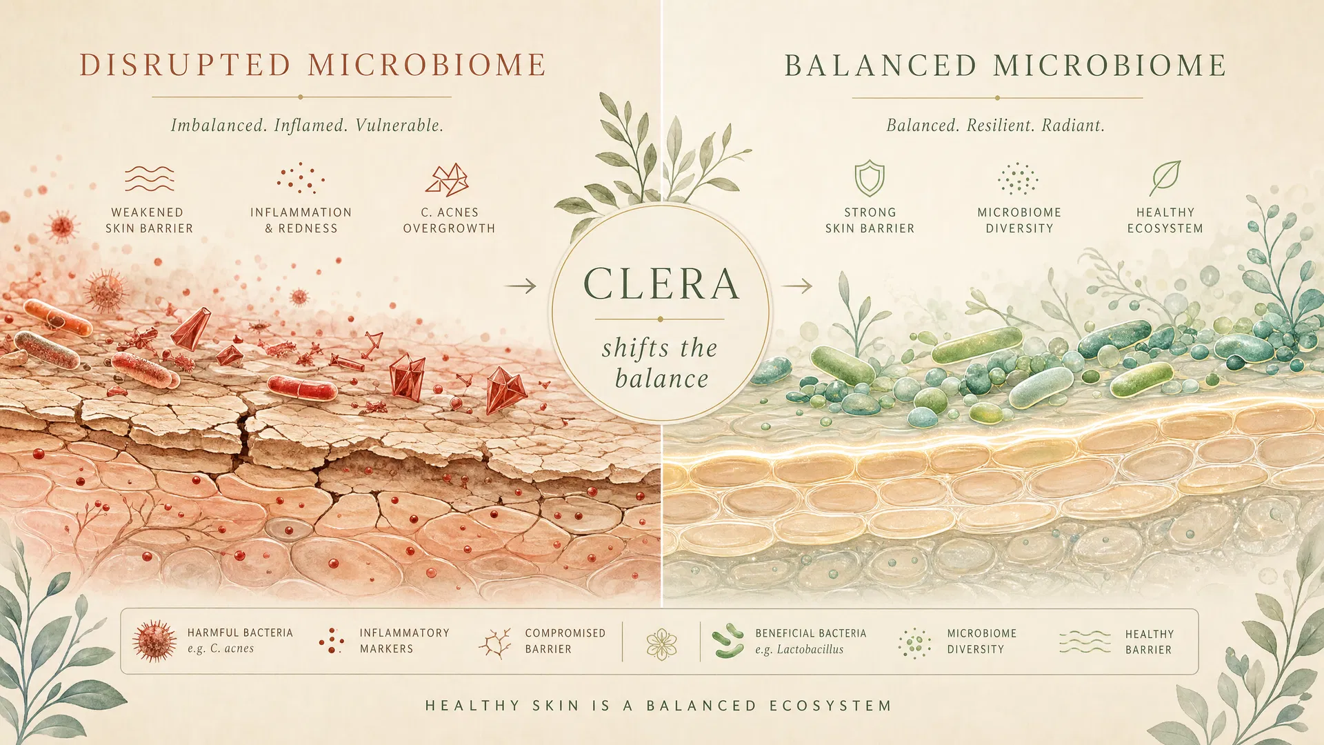 Disrupted vs balanced skin microbiome — CLERA shifts the balance