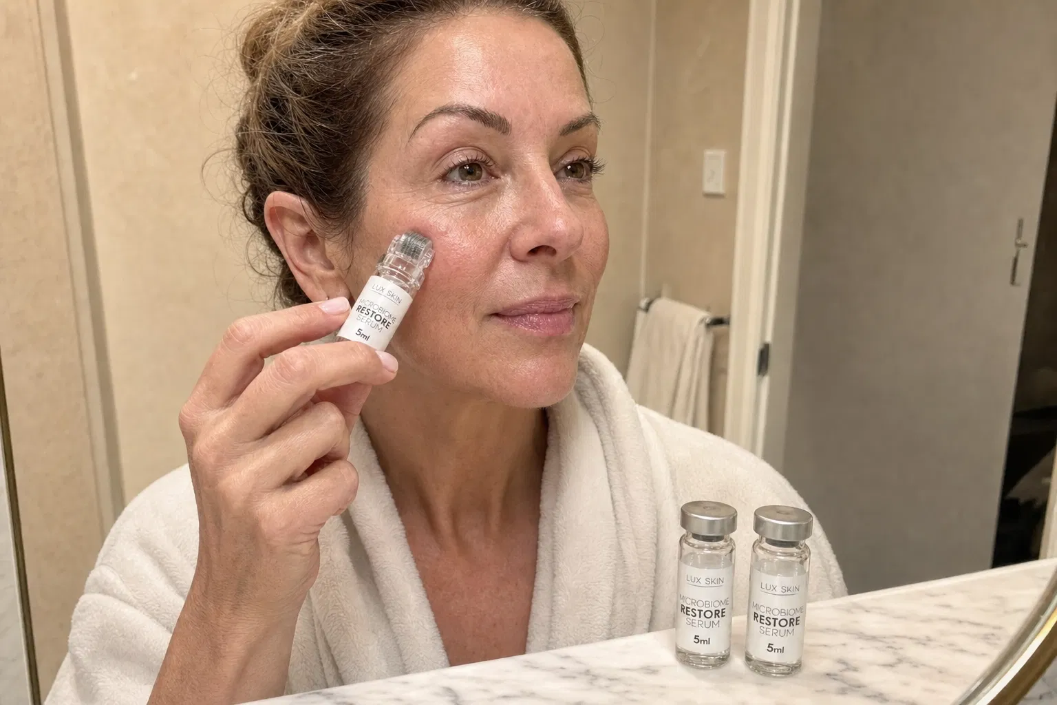 Woman applying Lux Skin Microbiome Restore Micro Infusion vial roller