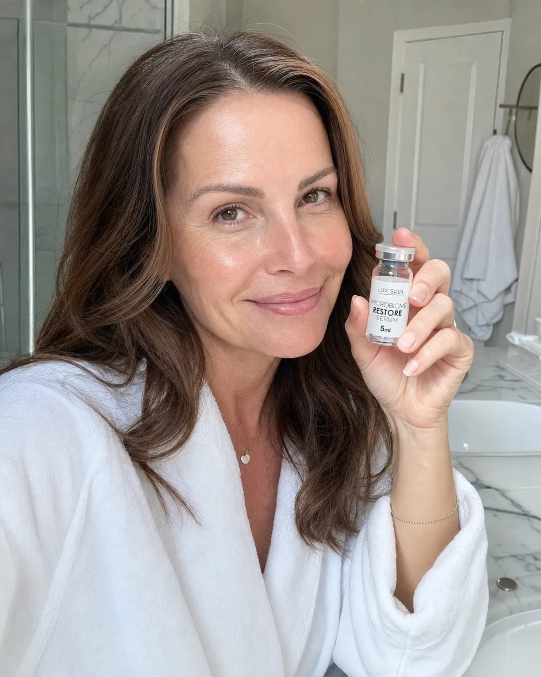 Woman holding Lux Skin Microbiome Restore Serum vial