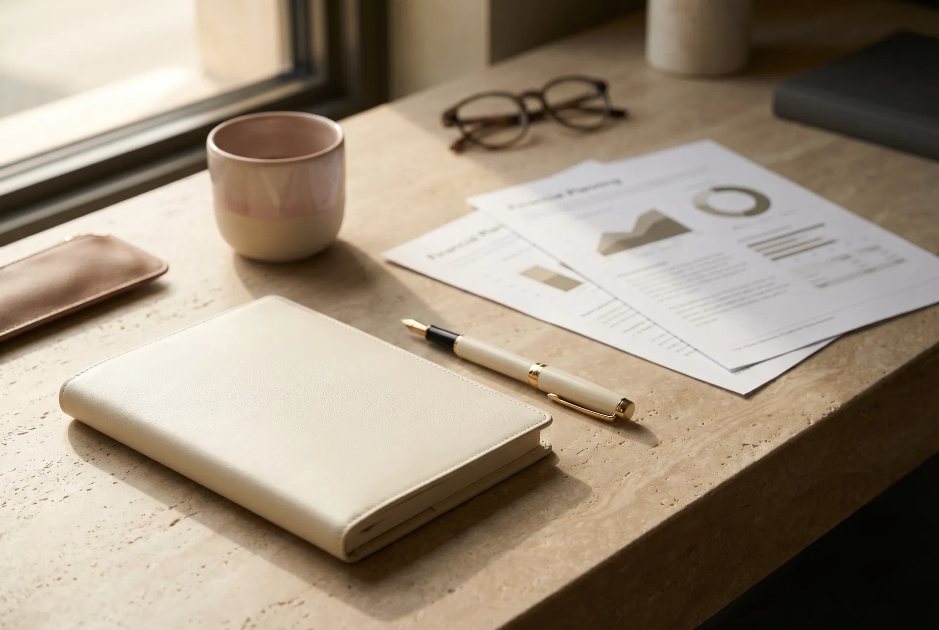 Elegant desk detail representing strategic planning resources and educational guidance.