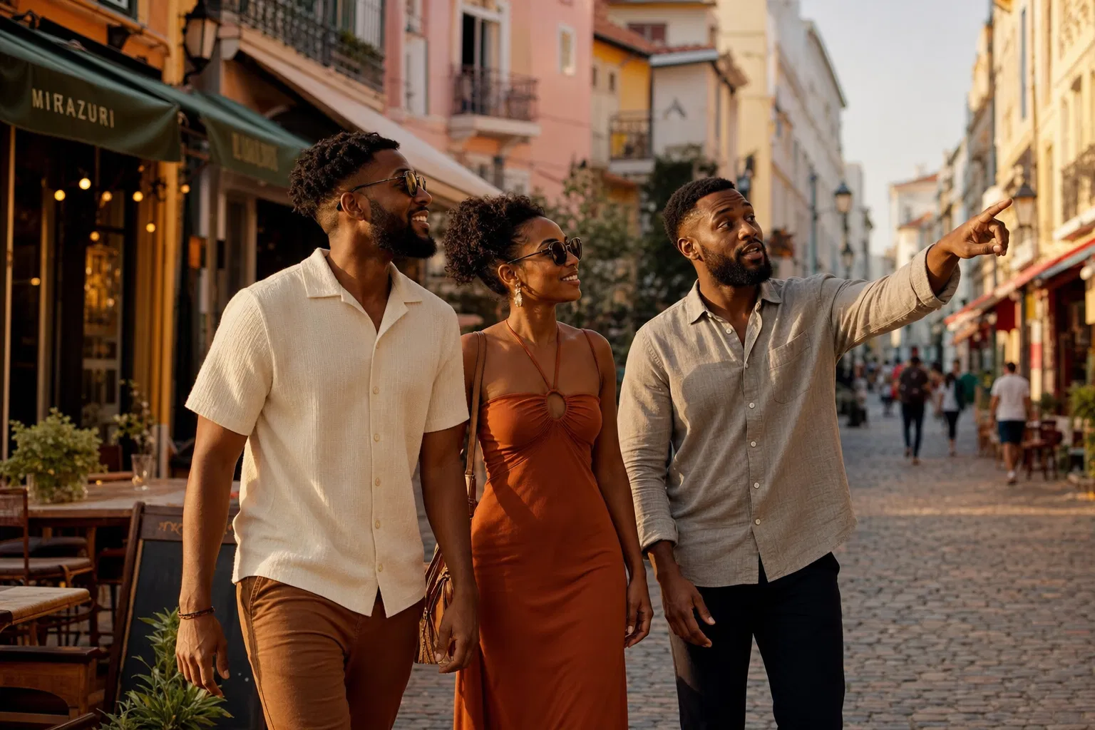 Black travelers exploring a city with a local friend