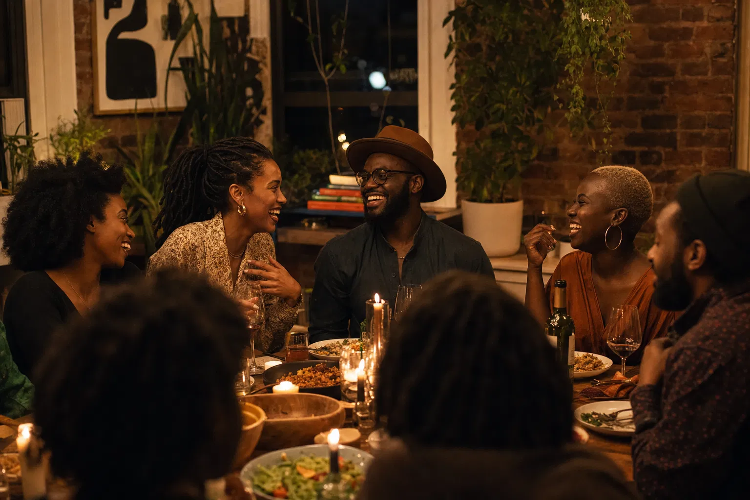 A warm community dinner with Black travelers and friends