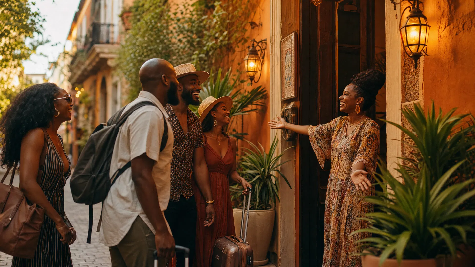 Black travelers arriving and being welcomed at a warm home