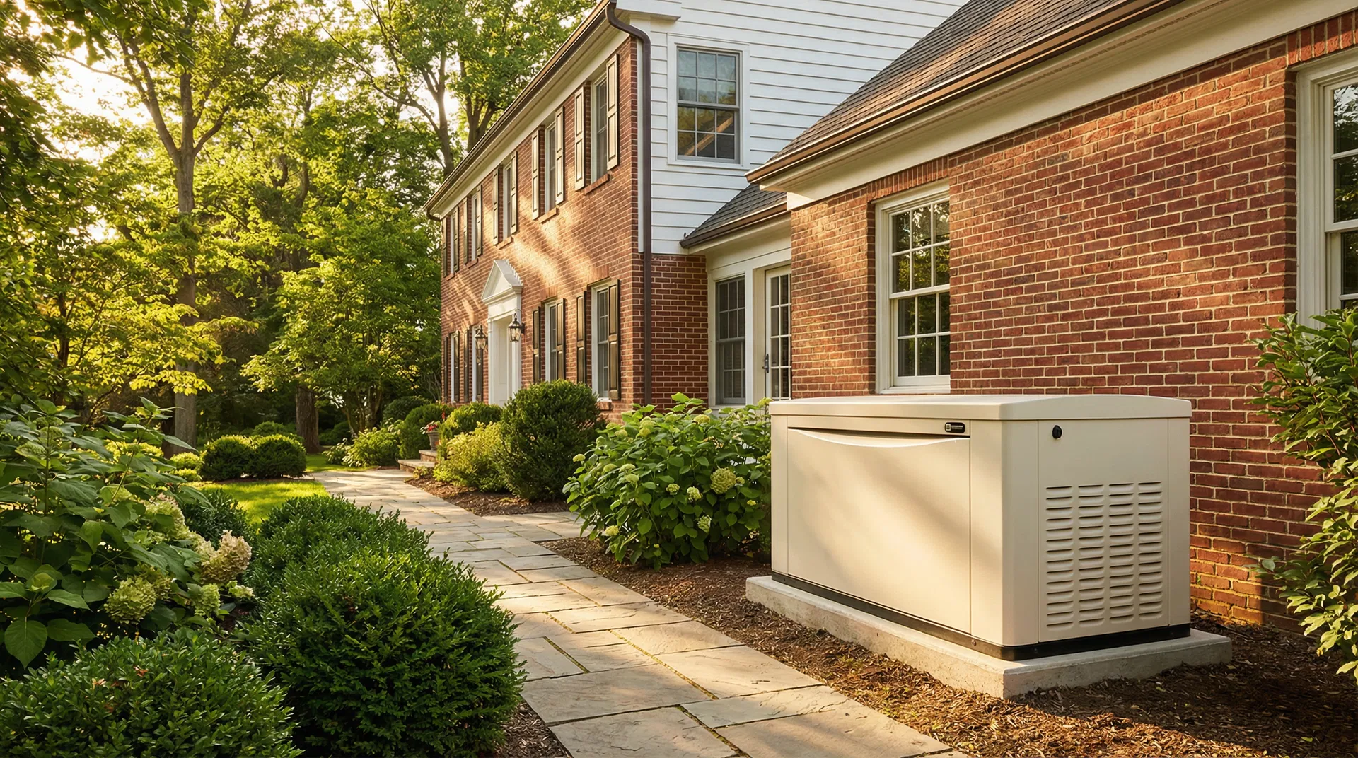 Whole-home standby generator installed beside a residential home by Okot Electric