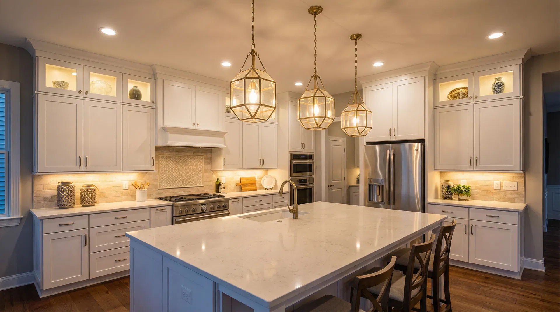 Professional kitchen lighting installation with pendant lights and under-cabinet LEDs by Okot Electric