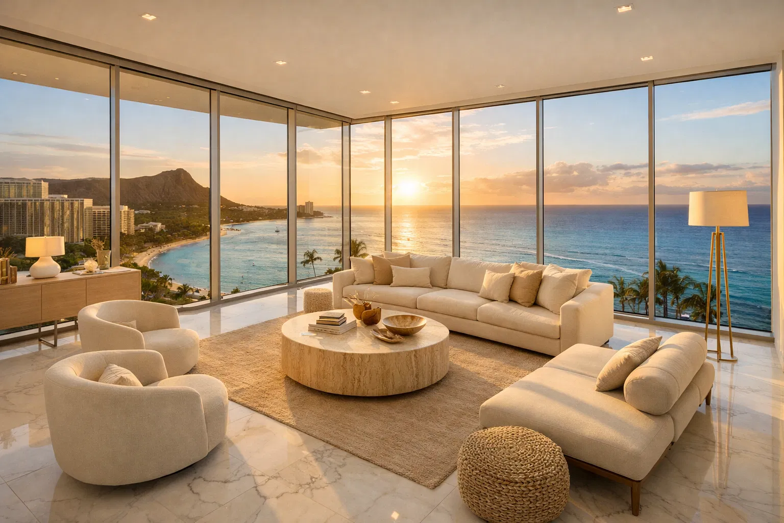 Luxury Ward Village condo interior at golden hour